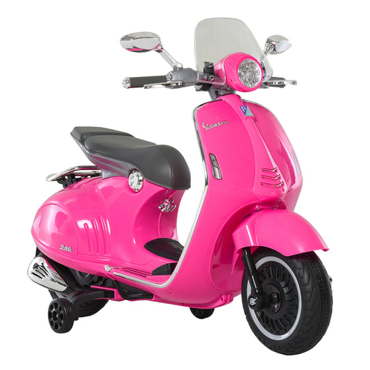 HOMCOM Moto Eléctrica para Niños de 3-6 Años Moto de Batería Autorizada de VESPA con Faros Música 2 Ruedas Auxiliares 108x49x75 cm Rosa