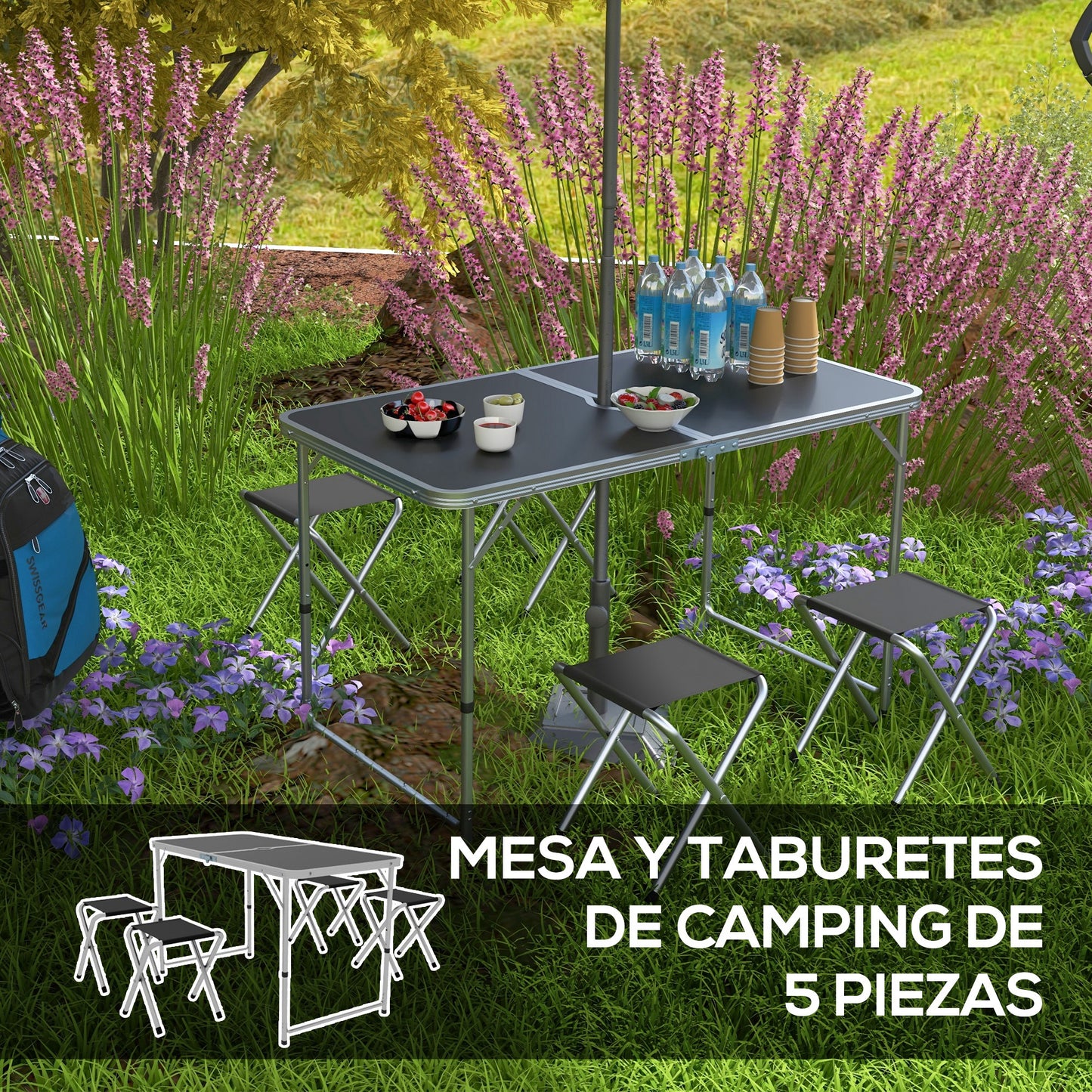 Outsunny Conjunto de Camping de 5 Piezas Mesa para Camping Plegable con Sillas Incluye 1 Mesa Ajuatsble en Altura con Orificio para Sombrilla 120x60x55-70 cm y 4 Taburetes Plegables Negro