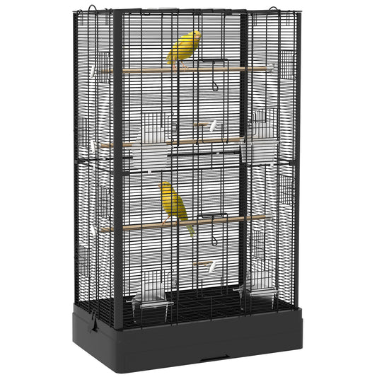 PawHut Jaula para Pájaros 61x36,5x98 cm Pajarera con Puertas Perchas Bandeja Extraíble Cajas de Comidas y Asas Jaula para Ninfas Periquitos Pinzones Canarios Negro