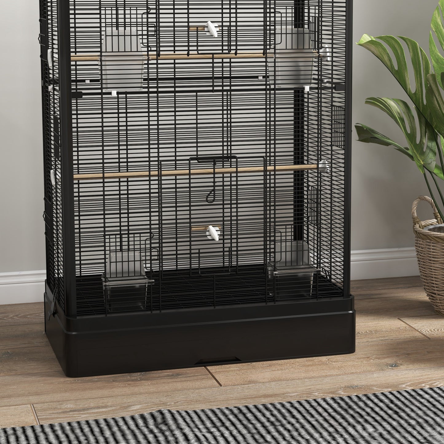 PawHut Jaula para Pájaros 61x36,5x98 cm Pajarera con Puertas Perchas Bandeja Extraíble Cajas de Comidas y Asas Jaula para Ninfas Periquitos Pinzones Canarios Negro