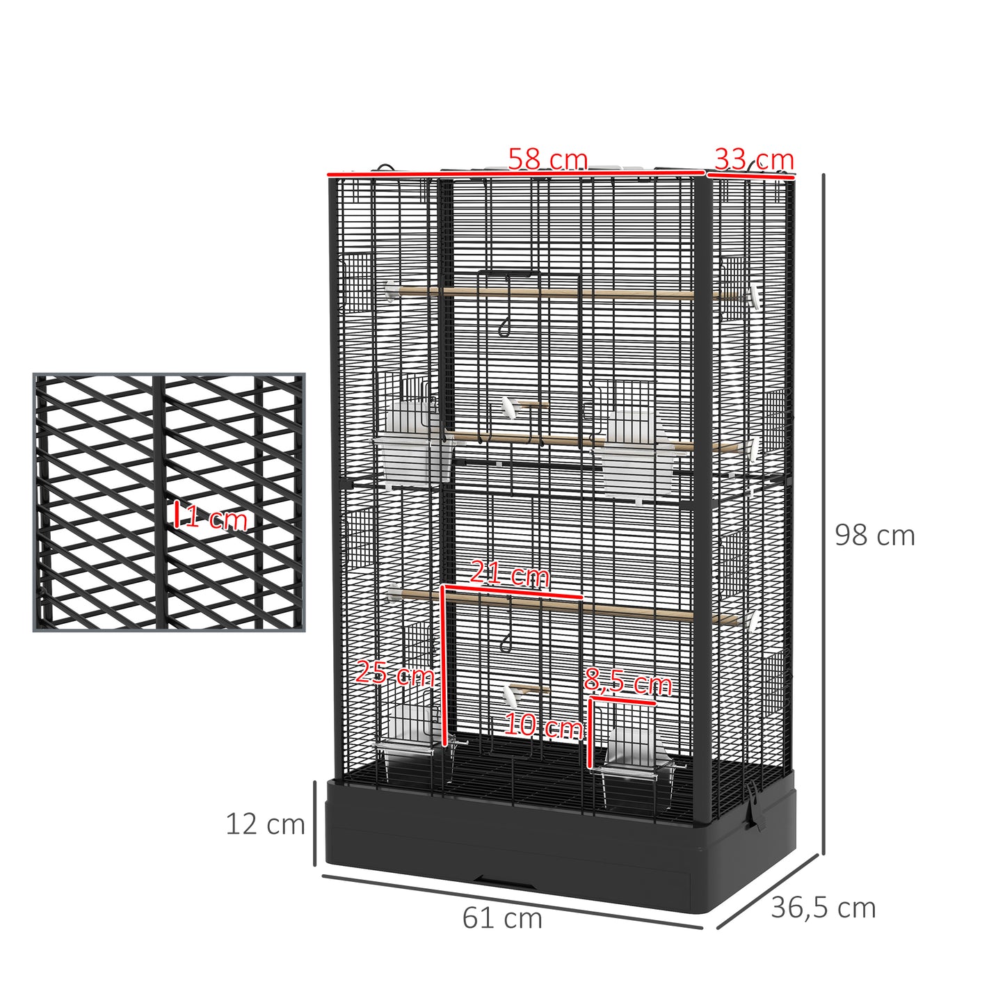 PawHut Jaula para Pájaros 61x36,5x98 cm Pajarera con Puertas Perchas Bandeja Extraíble Cajas de Comidas y Asas Jaula para Ninfas Periquitos Pinzones Canarios Negro