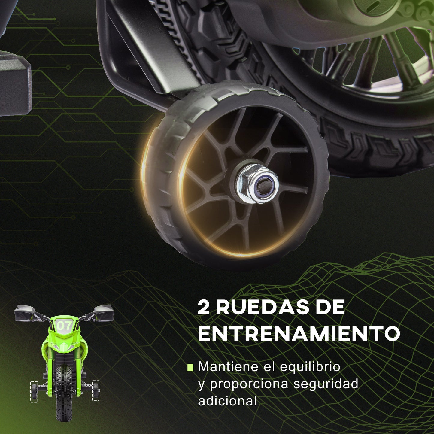 AIYAPLAY Moto Eléctrica para Niños de +3 Años Moto a Batería para Niños 6V con Ruedas de Entrenamiento y Bocina Moto para Niños Carga 30 kg Verde