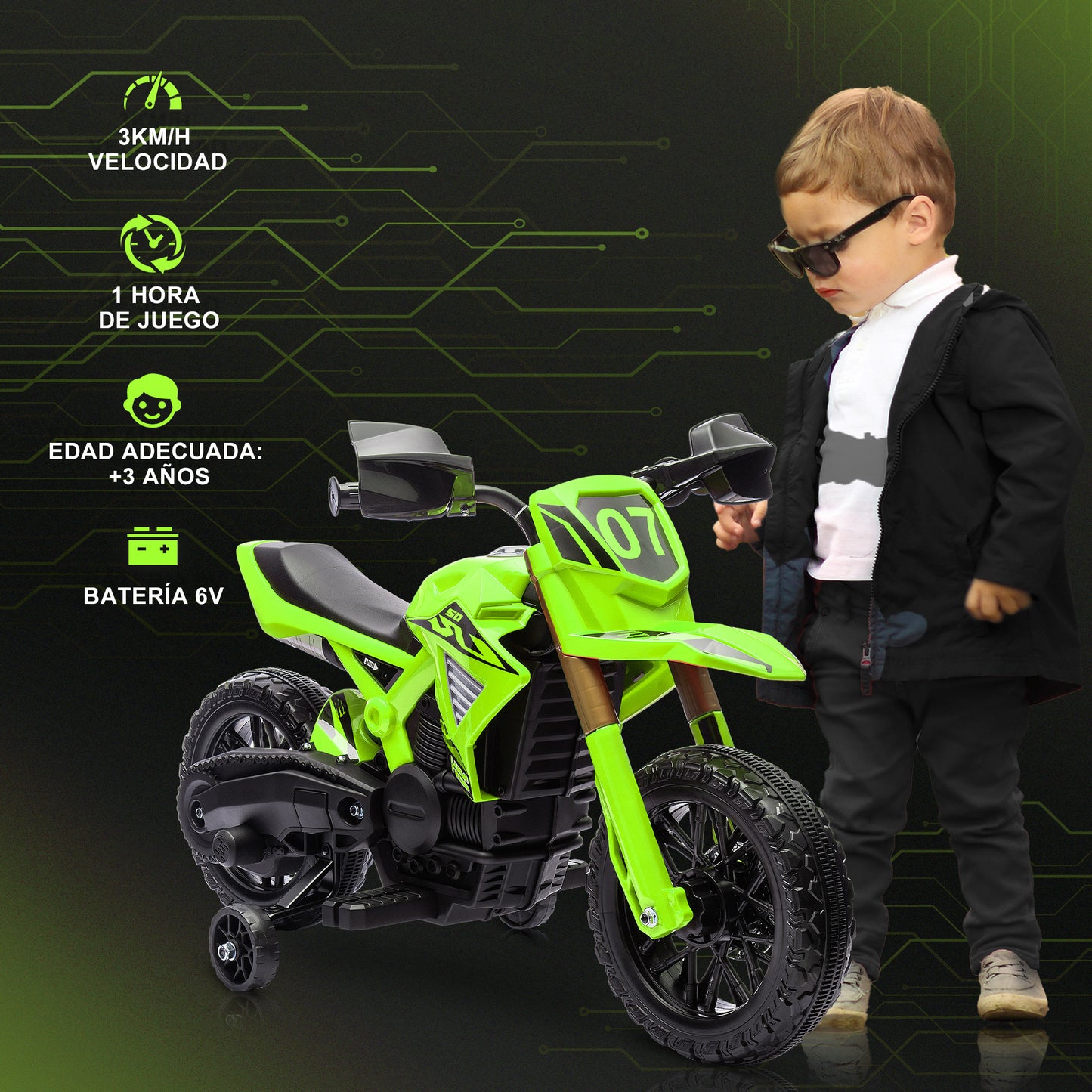 AIYAPLAY Moto Eléctrica para Niños de +3 Años Moto a Batería para Niños 6V con Ruedas de Entrenamiento y Bocina Moto para Niños Carga 30 kg Verde