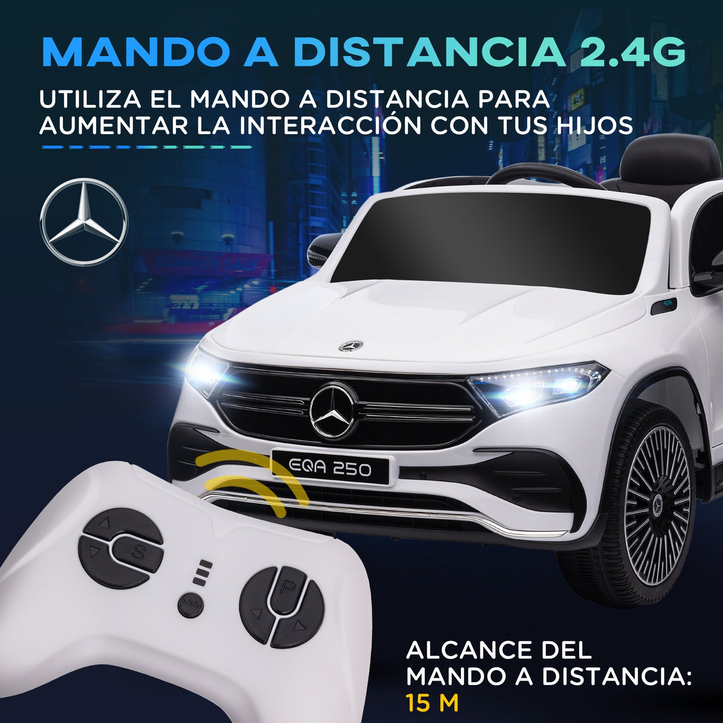 HOMCOM Coche Eléctrico para Niños Mercedes-Benz EQA Coche de Batería 12V con Control Remoto Música Bocina Velocidad 3-8 km/h para Niños de 3-8 Años 111,5x69x52,5 cm Blanco