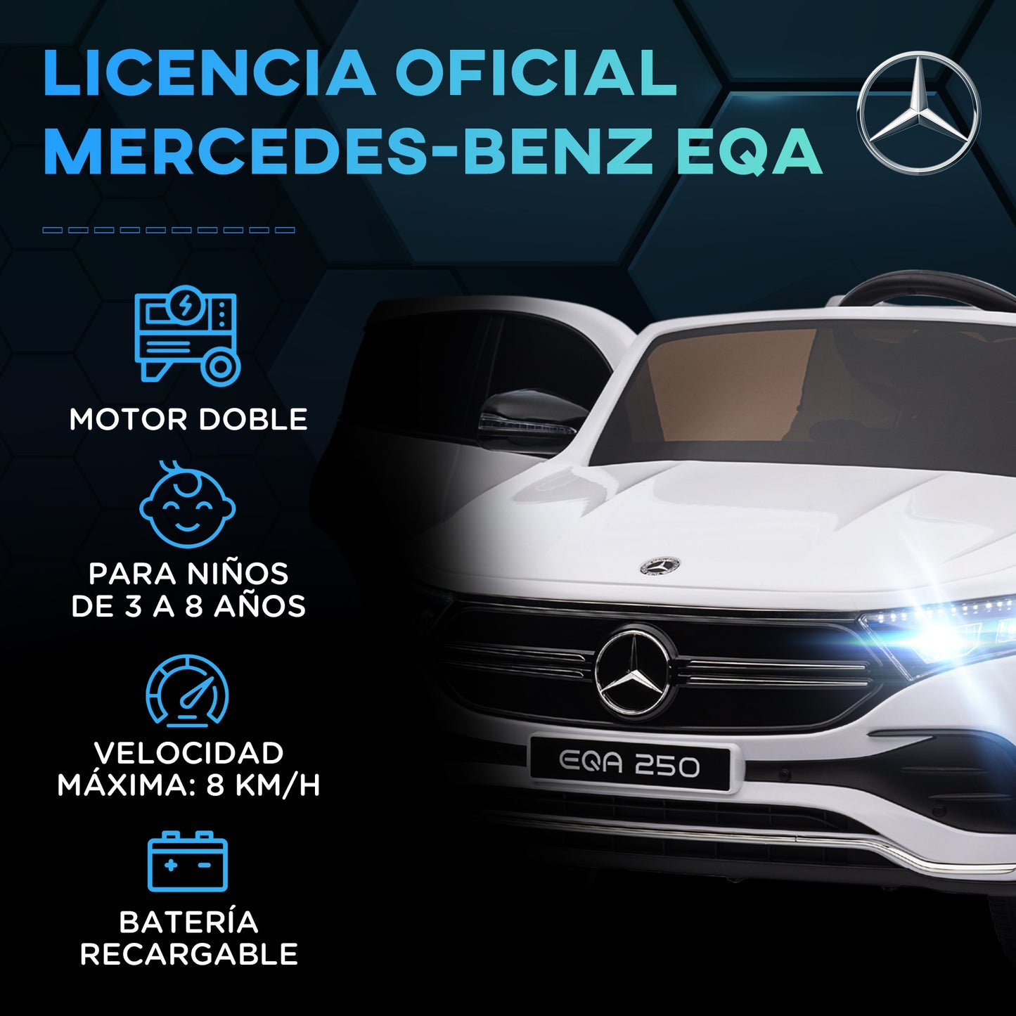 HOMCOM Coche Eléctrico para Niños Mercedes-Benz EQA Coche de Batería 12V con Control Remoto Música Bocina Velocidad 3-8 km/h para Niños de 3-8 Años 111,5x69x52,5 cm Blanco