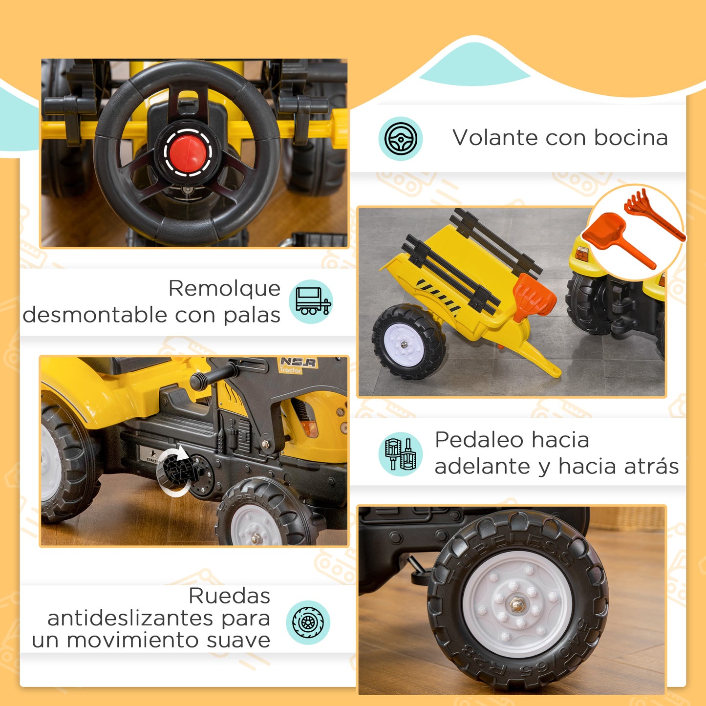 HOMCOM Tractor a Pedales para Niños de 3 Años Excavadora Infantil Juguete de Montar con Remolque Extraíble y Pala Delantera Carga 35 kg 167x41x52 cm Amarillo