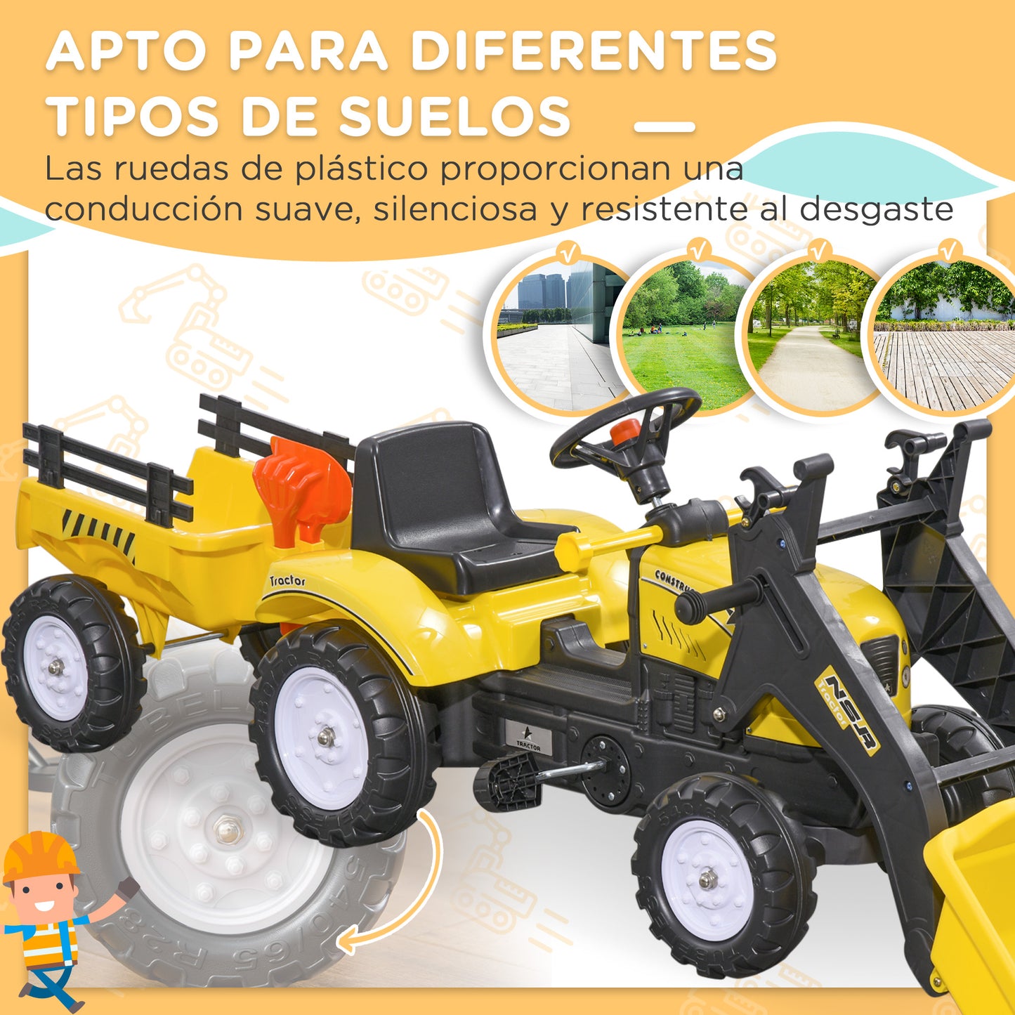 HOMCOM Tractor a Pedales para Niños de 3 Años Excavadora Infantil Juguete de Montar con Remolque Extraíble y Pala Delantera Carga 35 kg 167x41x52 cm Amarillo