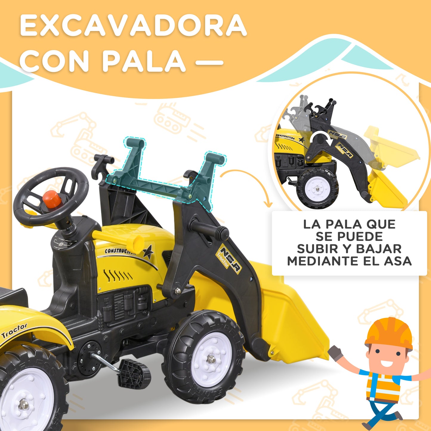 HOMCOM Tractor a Pedales para Niños de 3 Años Excavadora Infantil Juguete de Montar con Remolque Extraíble y Pala Delantera Carga 35 kg 167x41x52 cm Amarillo