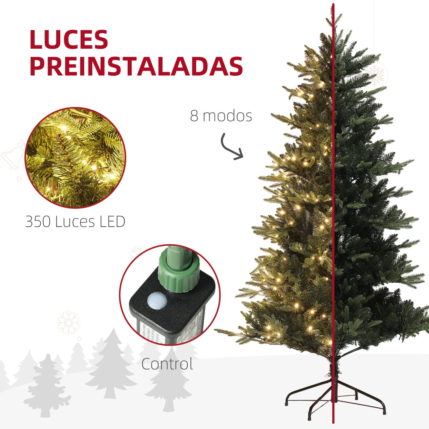 HOMCOM Árbol de Navidad 180 cm Árbol de Navidad Artificial con 350 Luces LED 726 Ramas y Soporte de Acero Árbol Navideño para Salón Interior Verde