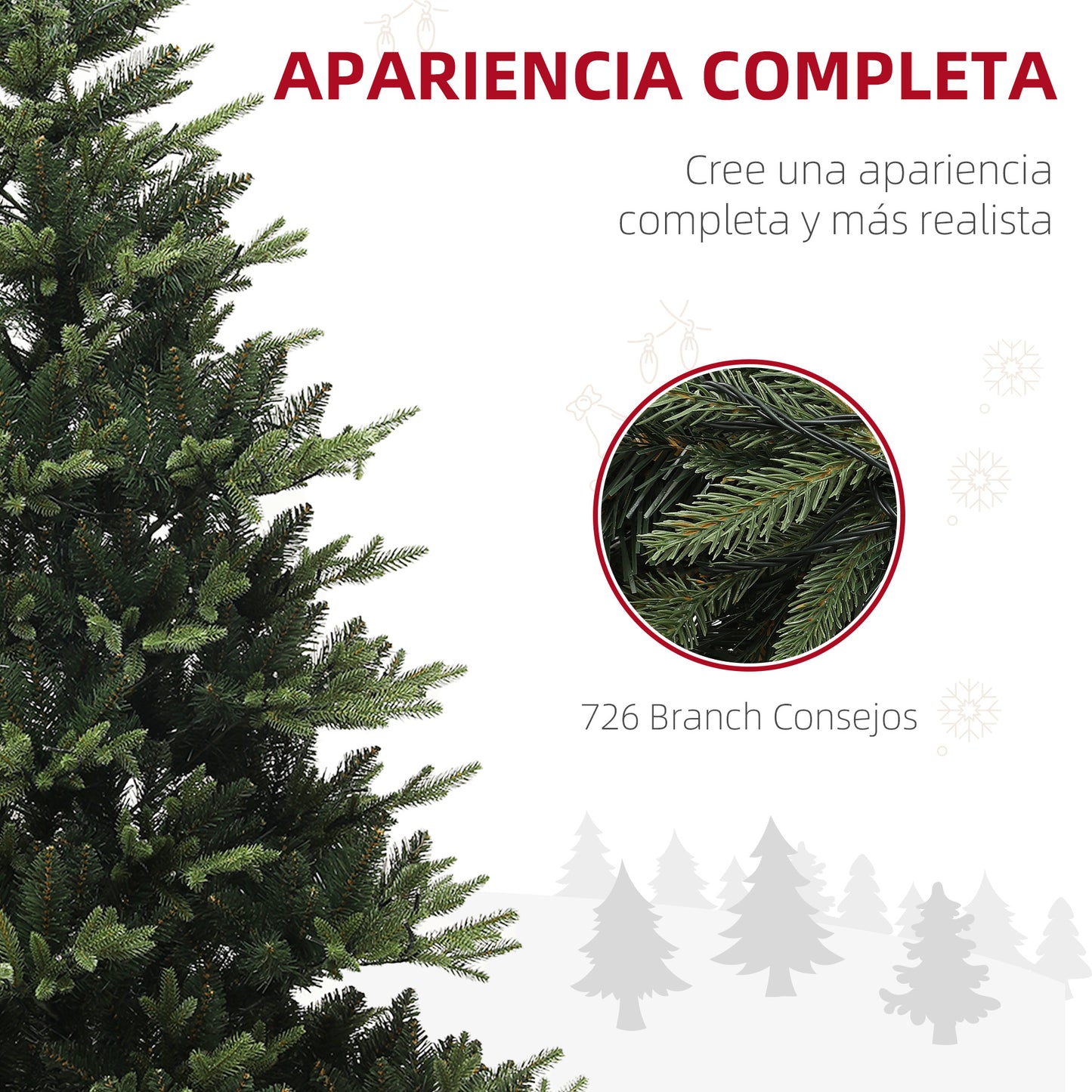 HOMCOM Árbol de Navidad 180 cm Árbol de Navidad Artificial con 350 Luces LED 726 Ramas y Soporte de Acero Árbol Navideño para Salón Interior Verde