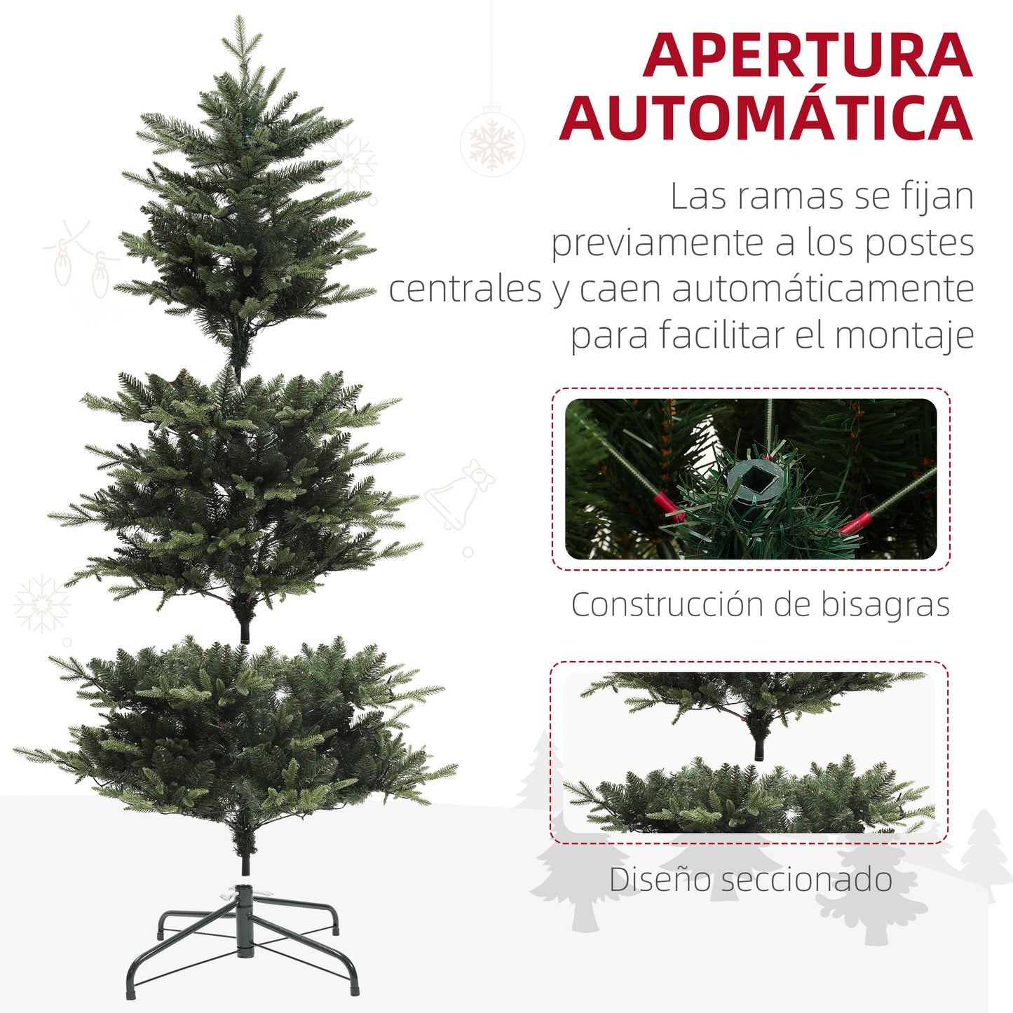 HOMCOM Árbol de Navidad 180 cm Árbol de Navidad Artificial con 350 Luces LED 726 Ramas y Soporte de Acero Árbol Navideño para Salón Interior Verde