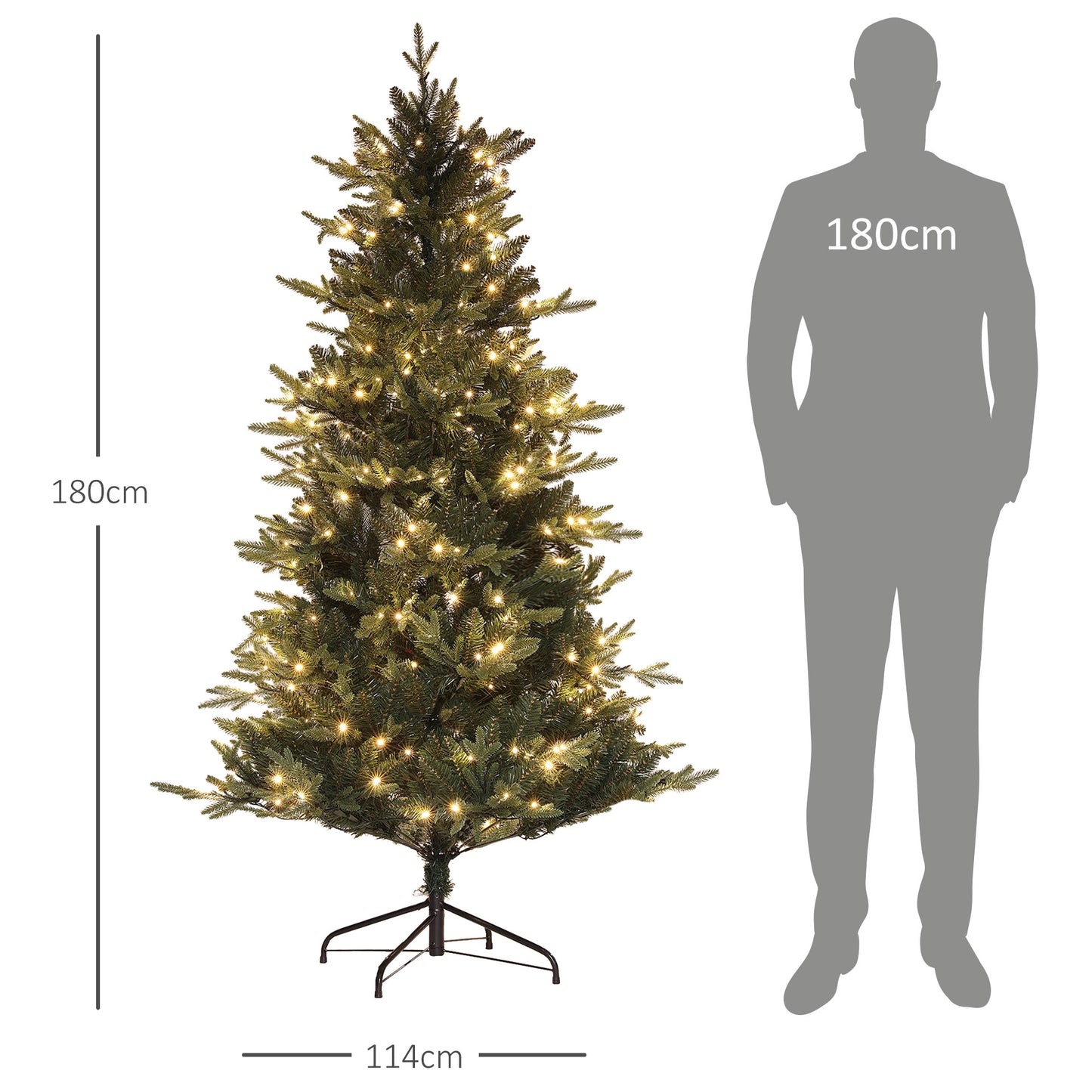 HOMCOM Árbol de Navidad 180 cm Árbol de Navidad Artificial con 350 Luces LED 726 Ramas y Soporte de Acero Árbol Navideño para Salón Interior Verde