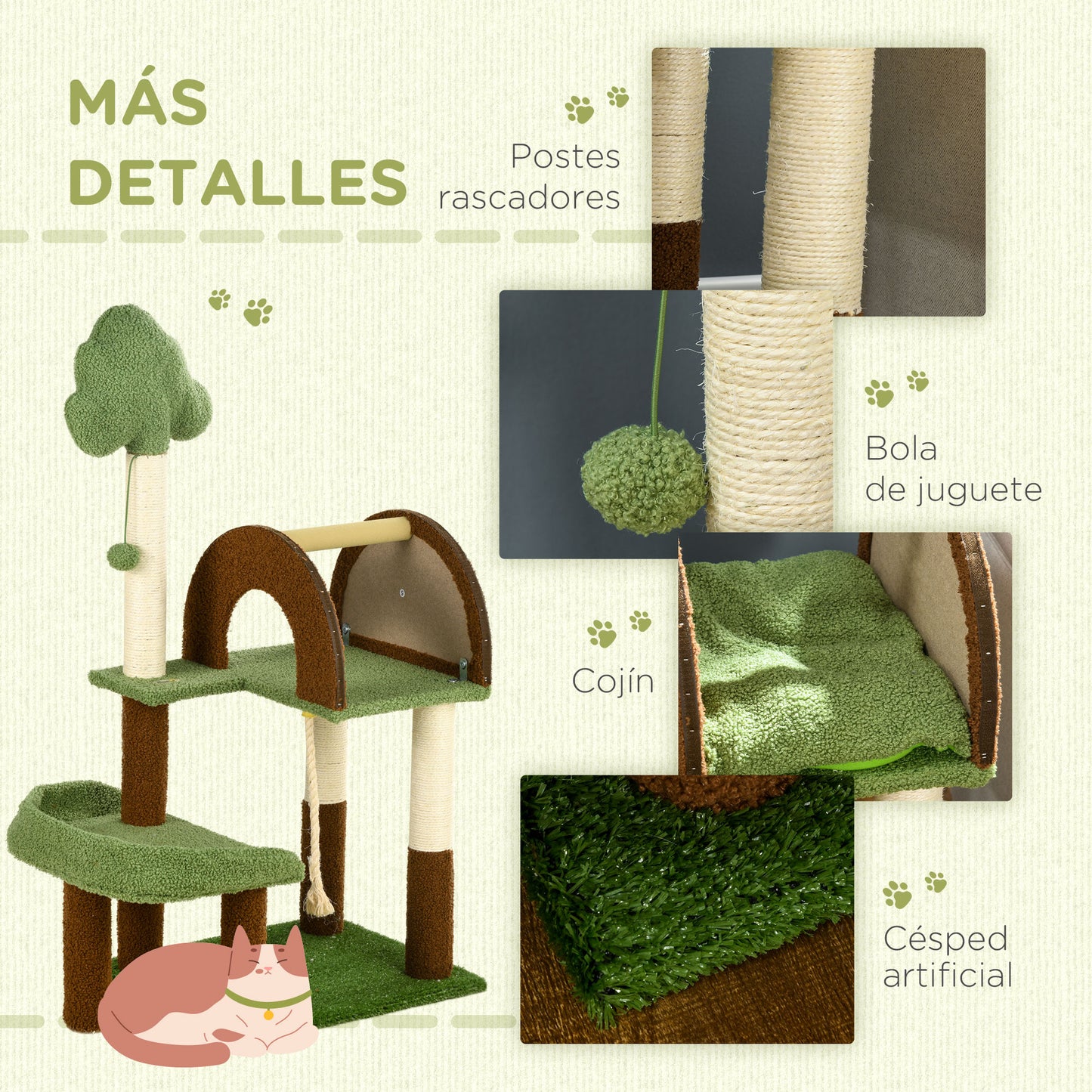 PawHut Árbol Rascador para Gatos Mediano 107 cm Torre para Gatos Centro de Actividades para Gatitos con Nido Poste de Sisal Césped Falso y Bola Colgante 49x40x107 cm Verde