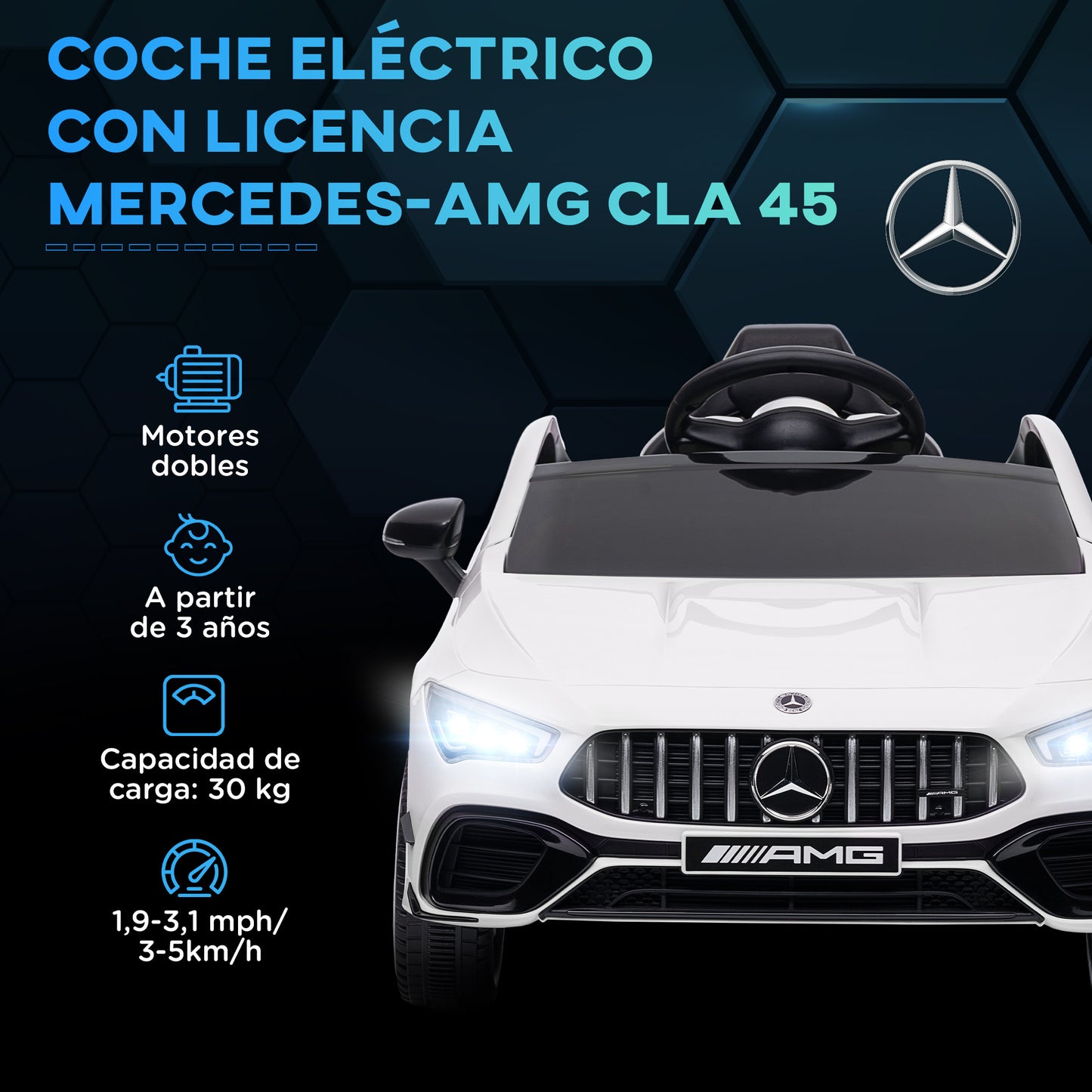 AIYAPLAY Coche Eléctrico para Niños de +3 Años Mercedes-AMG CLA 45 Carro Eléctrico Infantil con Batería 12V Mando a Distancia Faros LED Bocina Música y Ruedas Auxiliares Blanco