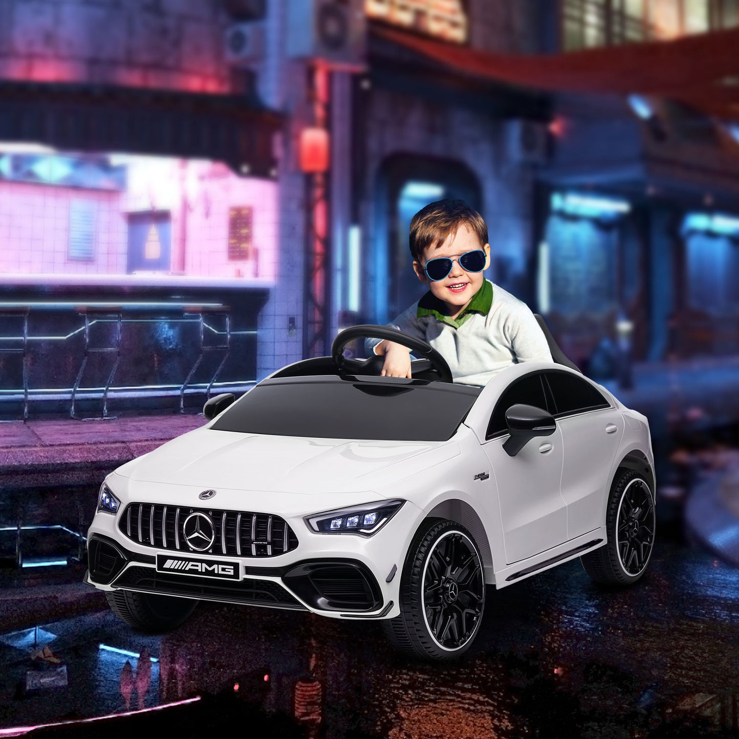 AIYAPLAY Coche Eléctrico para Niños de +3 Años Mercedes-AMG CLA 45 Carro Eléctrico Infantil con Batería 12V Mando a Distancia Faros LED Bocina Música y Ruedas Auxiliares Blanco