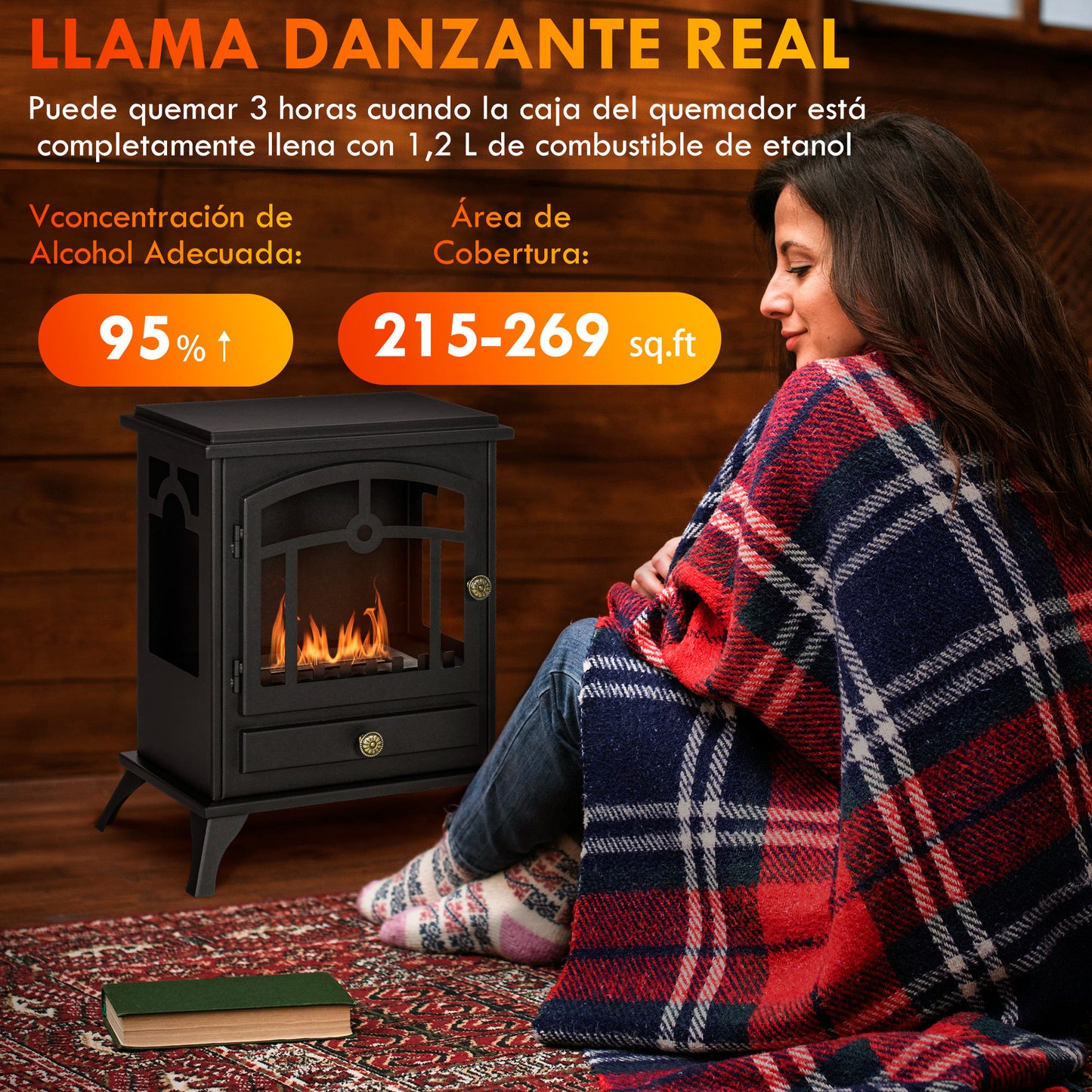 HOMCOM Chimenea de Bioetanol de Pie Estufa de Bioetanol con Tanque de 1,2 L Apagallamas de Acero Inoxidable Tiempo de Combustión 3H para Interiores 20-25 m² 45x28x54 cm Negro