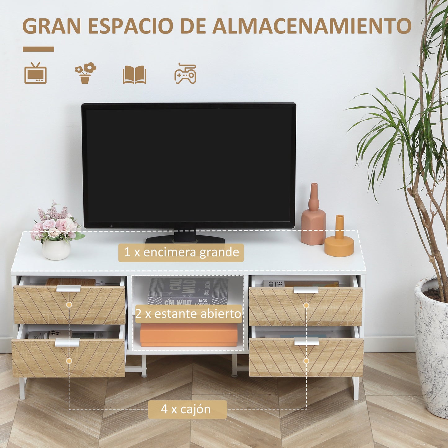 HOMCOM Conjunto para el Hogar Incluye 1 Mueble de TV para Televisores de hasta 47 Pulgadas 1 Mesa de Consola y 1 Mesita Auxiliar con 2 Cajones Blanco y Roble