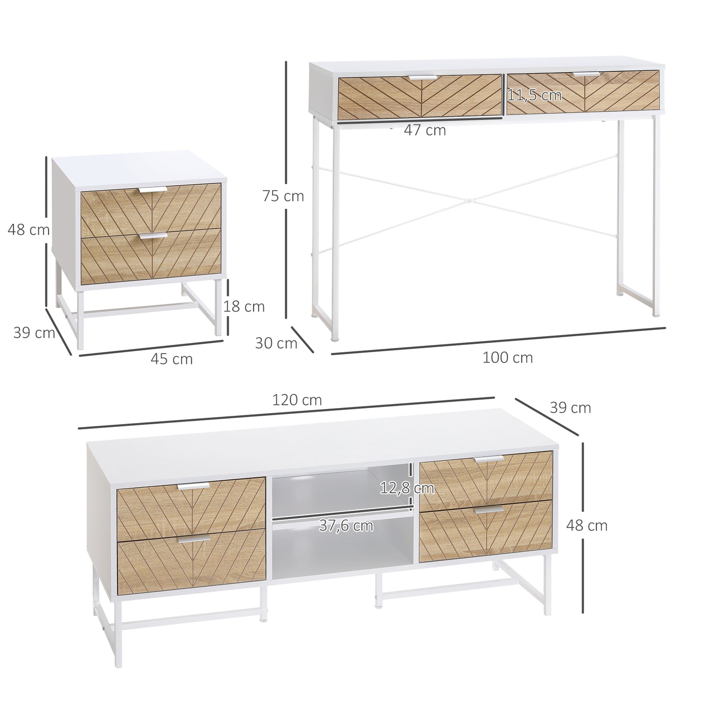 HOMCOM Conjunto para el Hogar Incluye 1 Mueble de TV para Televisores de hasta 47 Pulgadas 1 Mesa de Consola y 1 Mesita Auxiliar con 2 Cajones Blanco y Roble