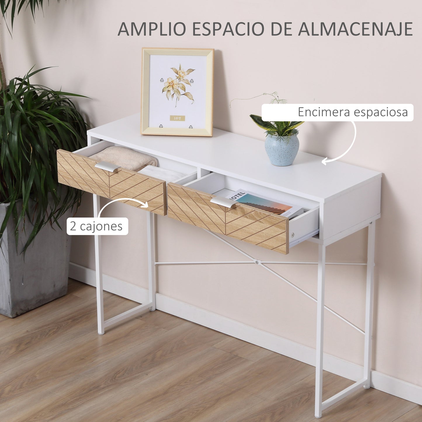 HOMCOM Conjunto para el Hogar Incluye 1 Mueble de TV para Televisores de hasta 47 Pulgadas 1 Mesa de Consola y 1 Mesita Auxiliar con 2 Cajones Blanco y Roble