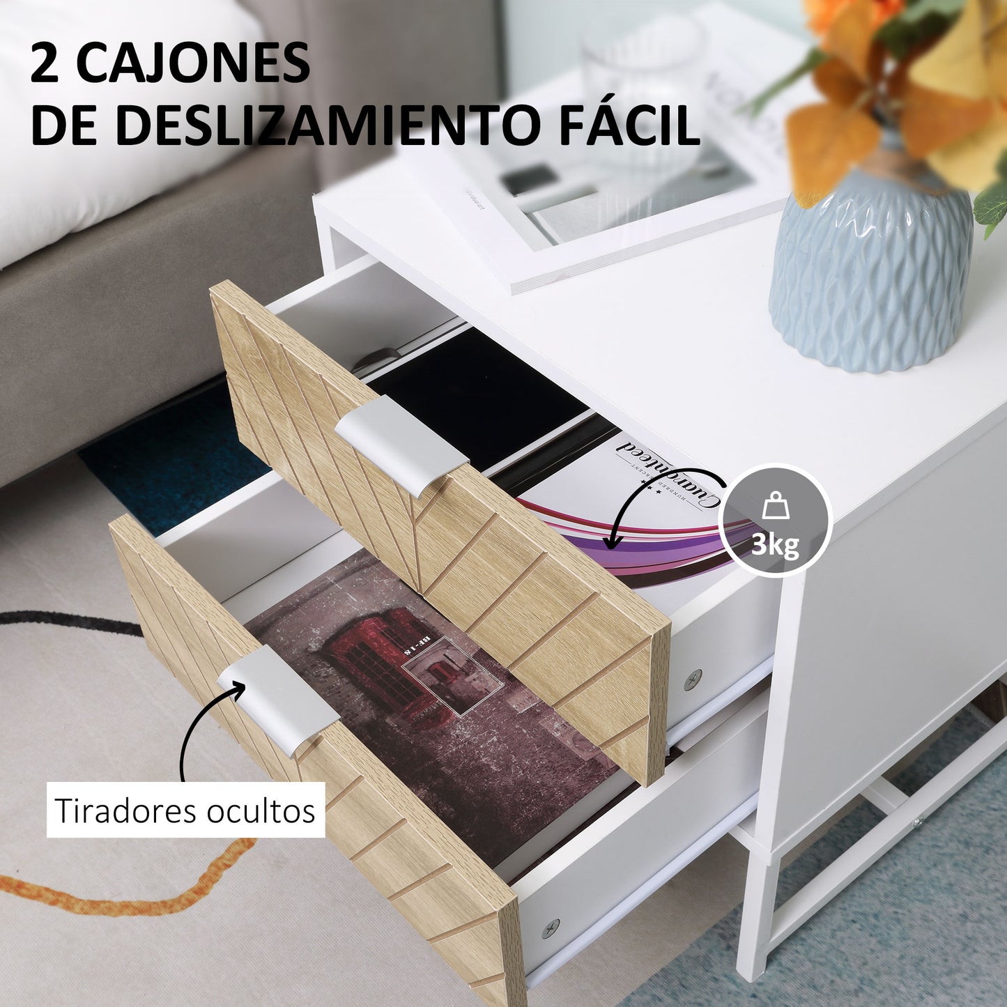 HOMCOM Conjunto para el Hogar Incluye 1 Mueble de TV para Televisores de hasta 47 Pulgadas 1 Mesa de Consola y 1 Mesita Auxiliar con 2 Cajones Blanco y Roble