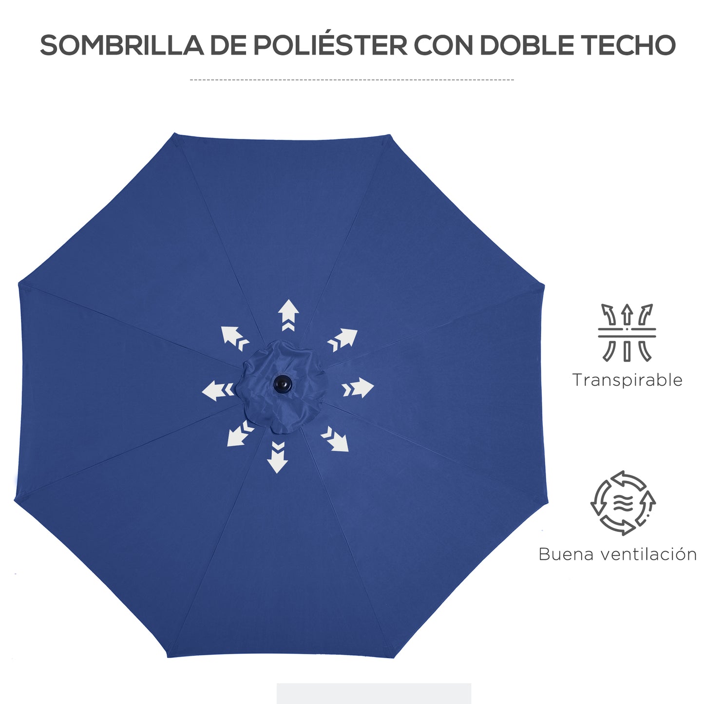 Outsunny Sombrilla de Jardín Ø295x250 cm con Manivela Parasol Exterior con Mecanismo de Inclinación y Poste Desmontable de Metal para Terraza Piscina Patio Azul