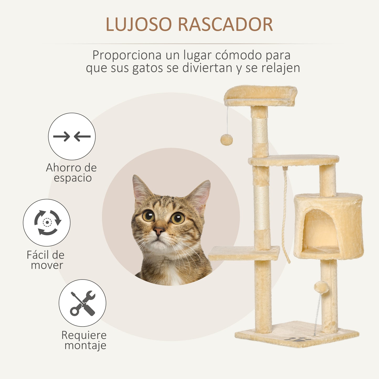 PawHut Árbol para gatos Rascador Grande con Plataformas Casetas Bolas de Juego 114cm Cubierto de Felpa Beige