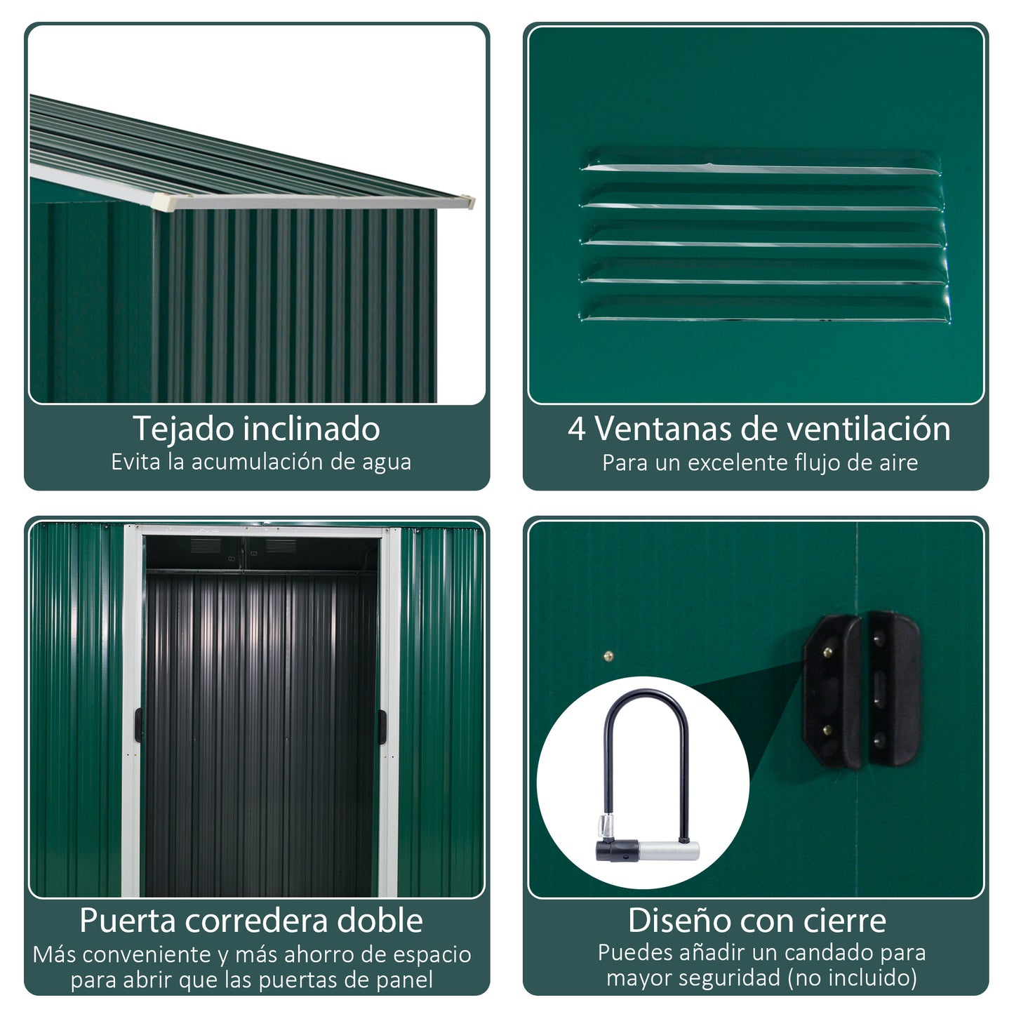 Outsunny Caseta de Jardín de 3,6 m² 236x174x190 cm Cobertizo Exterior de Metálico para Almacenar Herramientas con Puertas Correderas y 4 Ventanas para Terraza Patio Verde