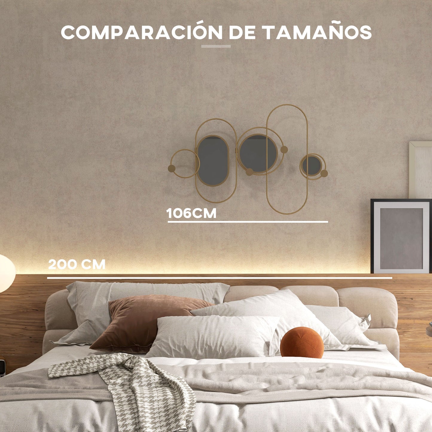 HOMCOM Espejo Decorativo de Pared Adorno de Pared Metálico con 3 Espejos Decorativos y 4 Ganchos para Salón Dormitorio Pasillo 106x71 cm Dorado