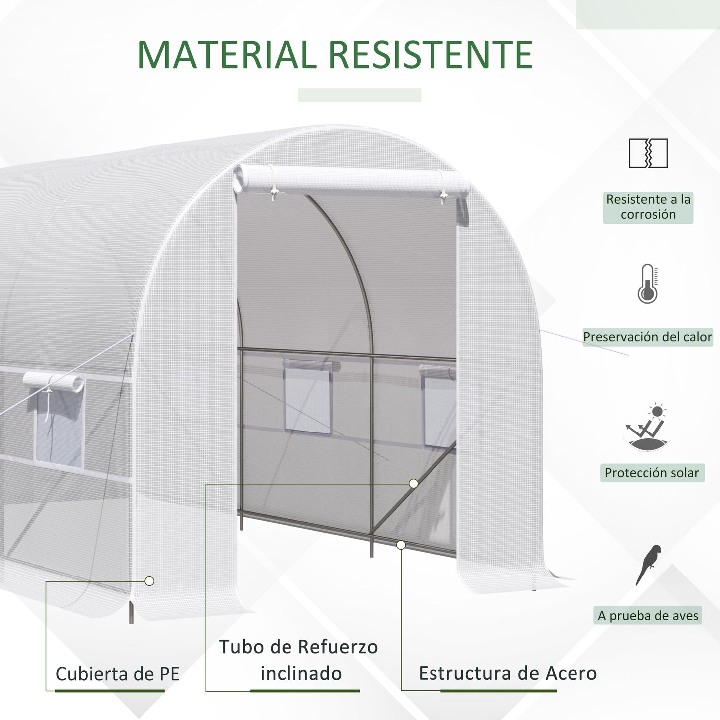 Outsunny Invernadero de Túnel 400x200x200 cm Invernadero de Jardín con Puerta Enrollable y Ventanas Múltiples Cubierta PE 140 g/m² Anti-UV Marco de Metal para Cultivo Plantas Verduras Blanco