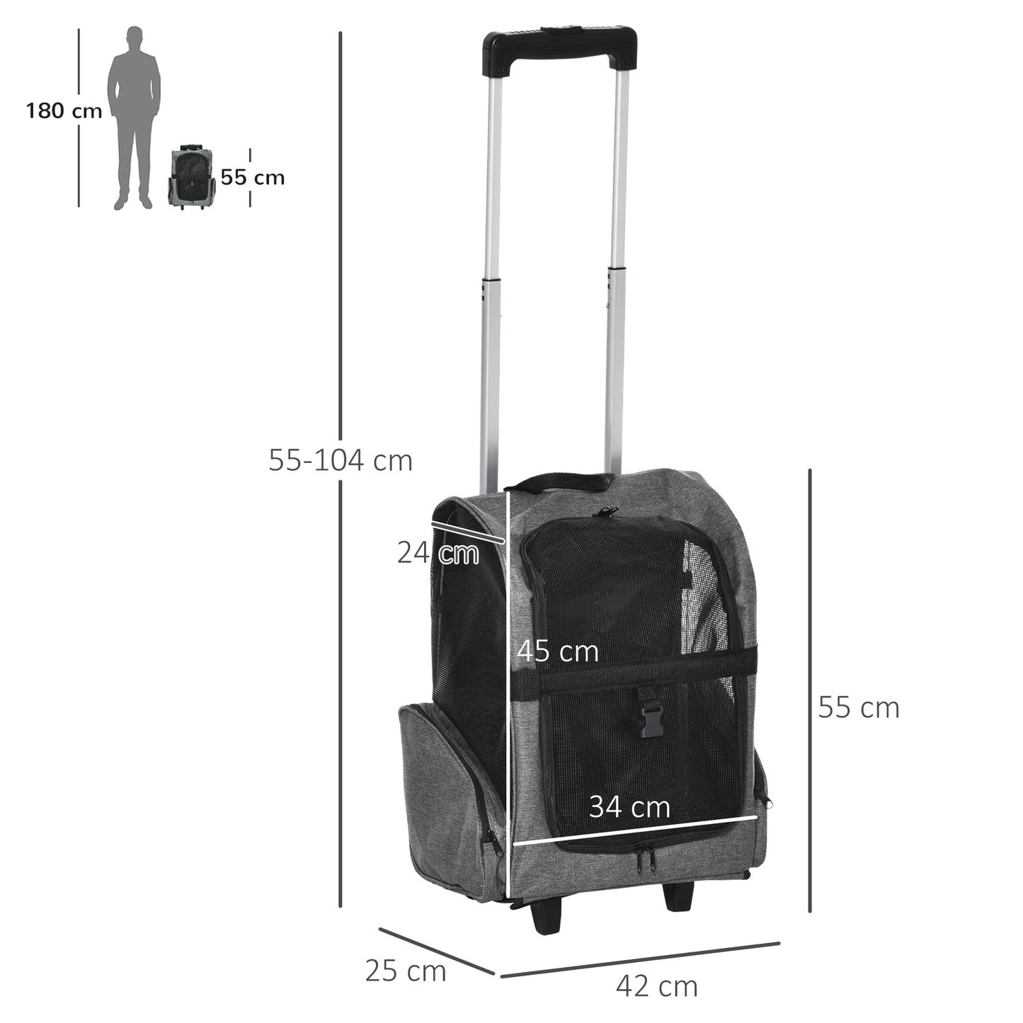 PawHut Transportín Carrito para Mascotas 2 en 1 Mochila de Viaje con 2 Ruedas para Perros Gatos con Asa Retráctil de Aluminio y Bolsillos de Almacenaje 42x25x55 cm Gris