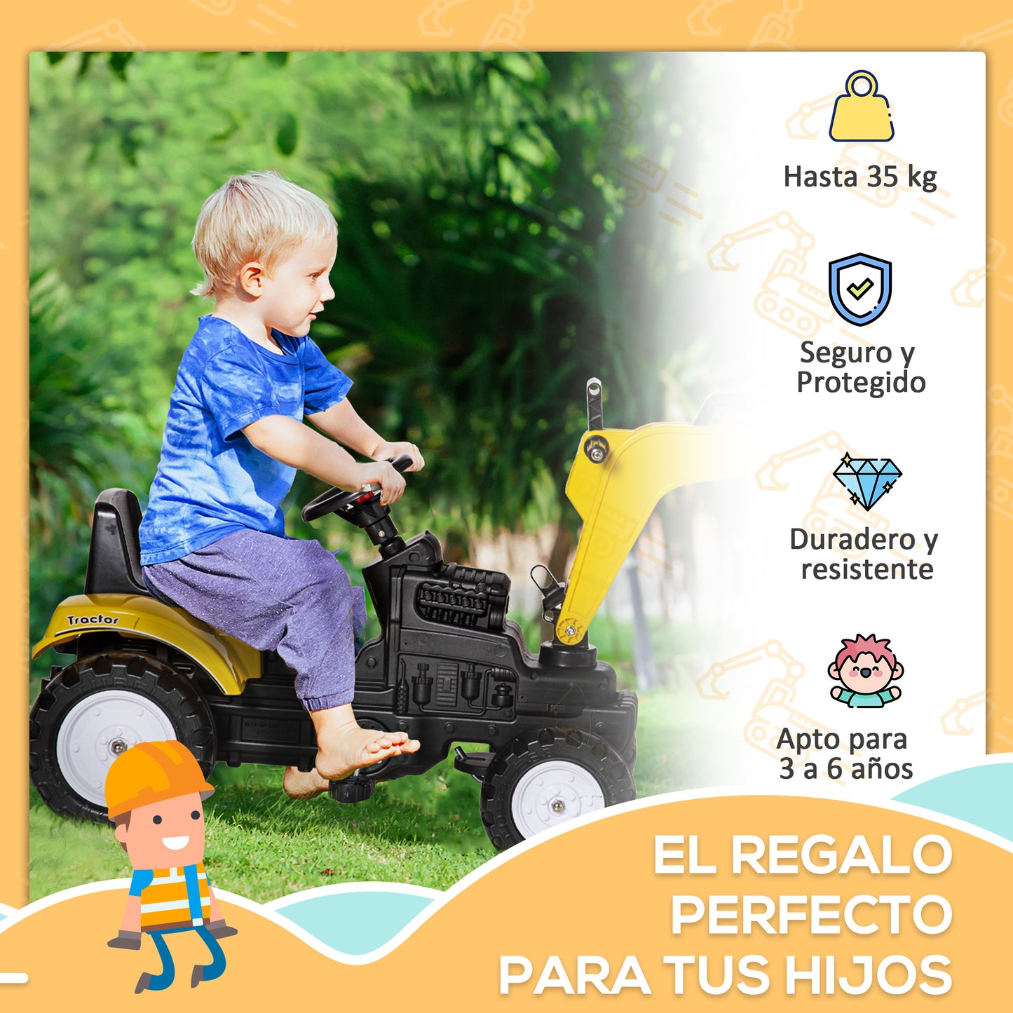 HOMCOM Tractor a Pedales para Niños de +3 Años Excavadora para Niños con Pala Delantera y Bocina Carga 35kg Tractor Infantil para Exterior 107x42x71 cm Amarillo