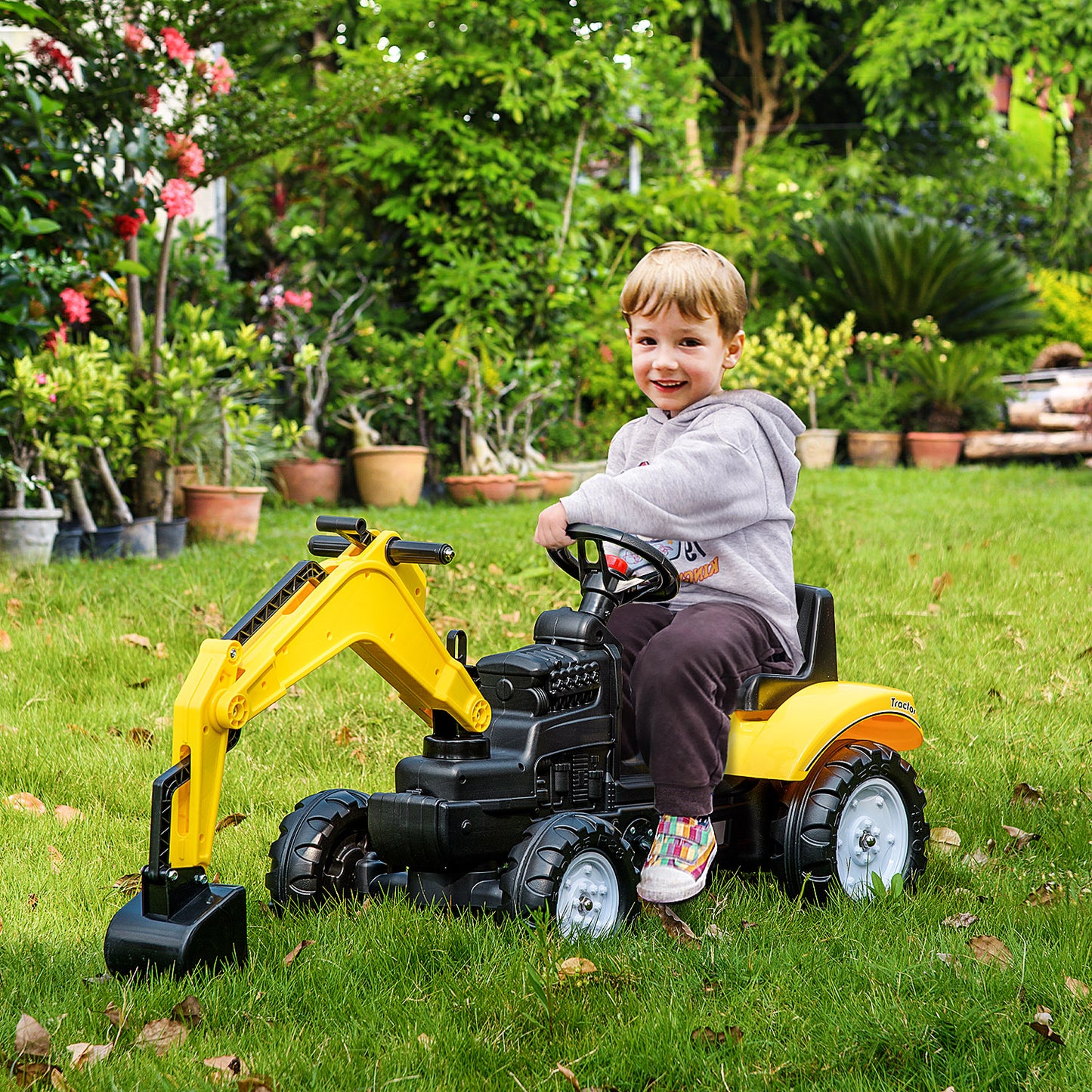 HOMCOM Tractor a Pedales para Niños de +3 Años Excavadora para Niños con Pala Delantera y Bocina Carga 35kg Tractor Infantil para Exterior 107x42x71 cm Amarillo