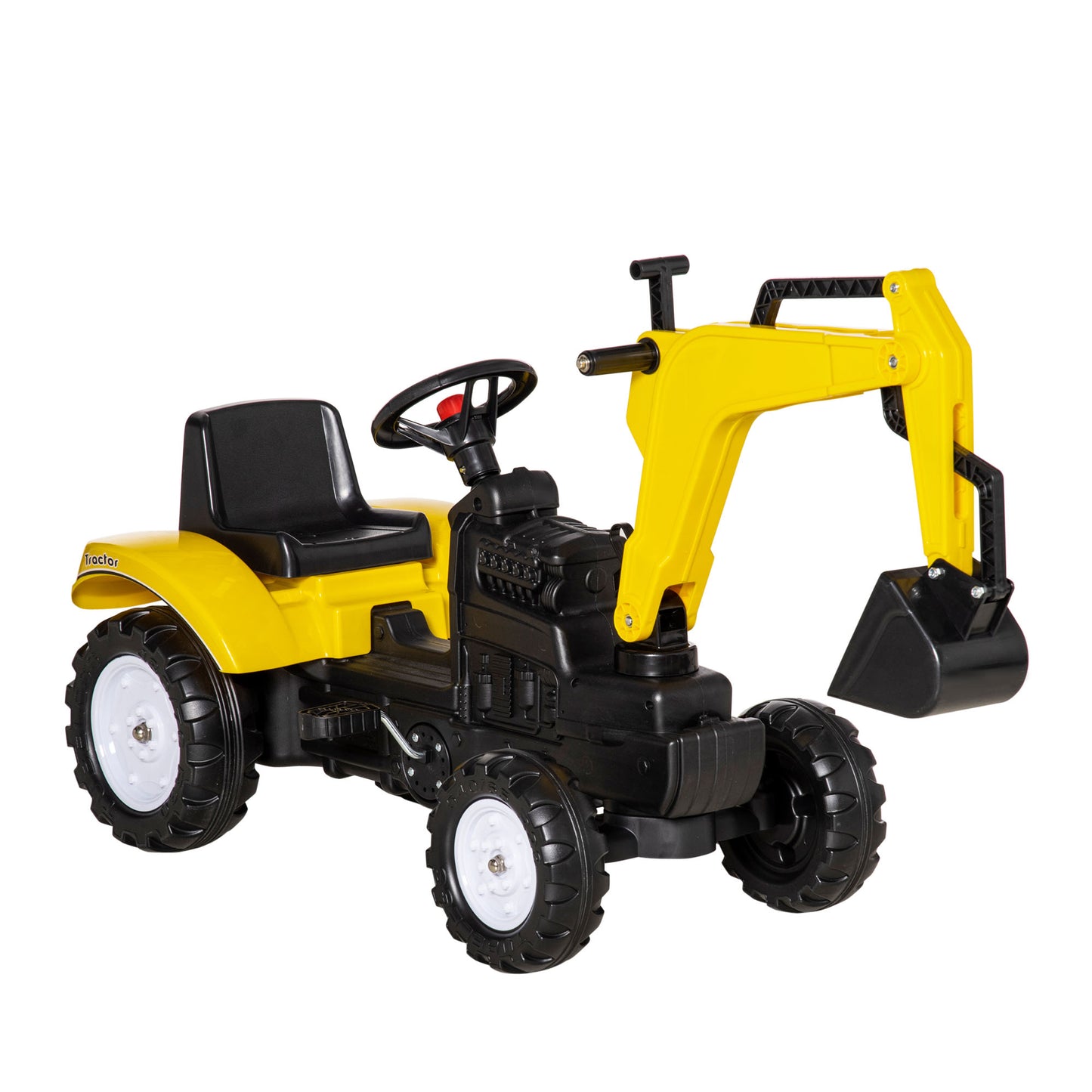 HOMCOM Tractor a Pedales para Niños de +3 Años Excavadora para Niños con Pala Delantera y Bocina Carga 35kg Tractor Infantil para Exterior 107x42x71 cm Amarillo