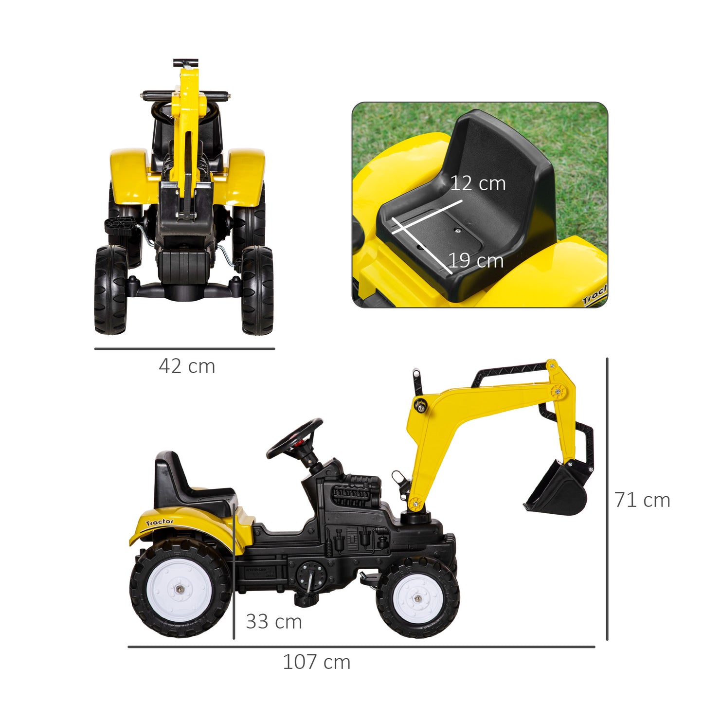 HOMCOM Tractor a Pedales para Niños de +3 Años Excavadora para Niños con Pala Delantera y Bocina Carga 35kg Tractor Infantil para Exterior 107x42x71 cm Amarillo