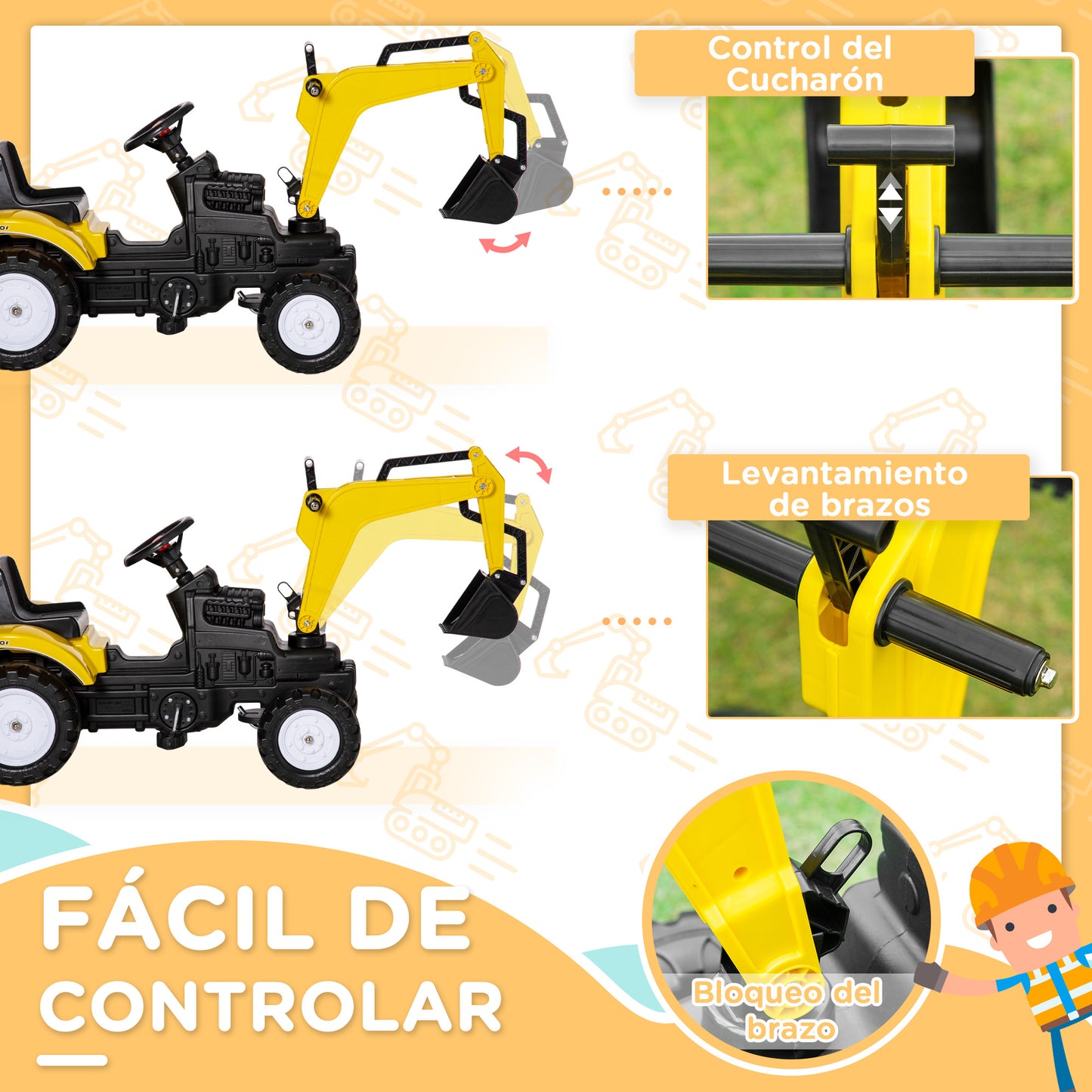 HOMCOM Tractor a Pedales para Niños de +3 Años Excavadora para Niños con Pala Delantera y Bocina Carga 35kg Tractor Infantil para Exterior 107x42x71 cm Amarillo