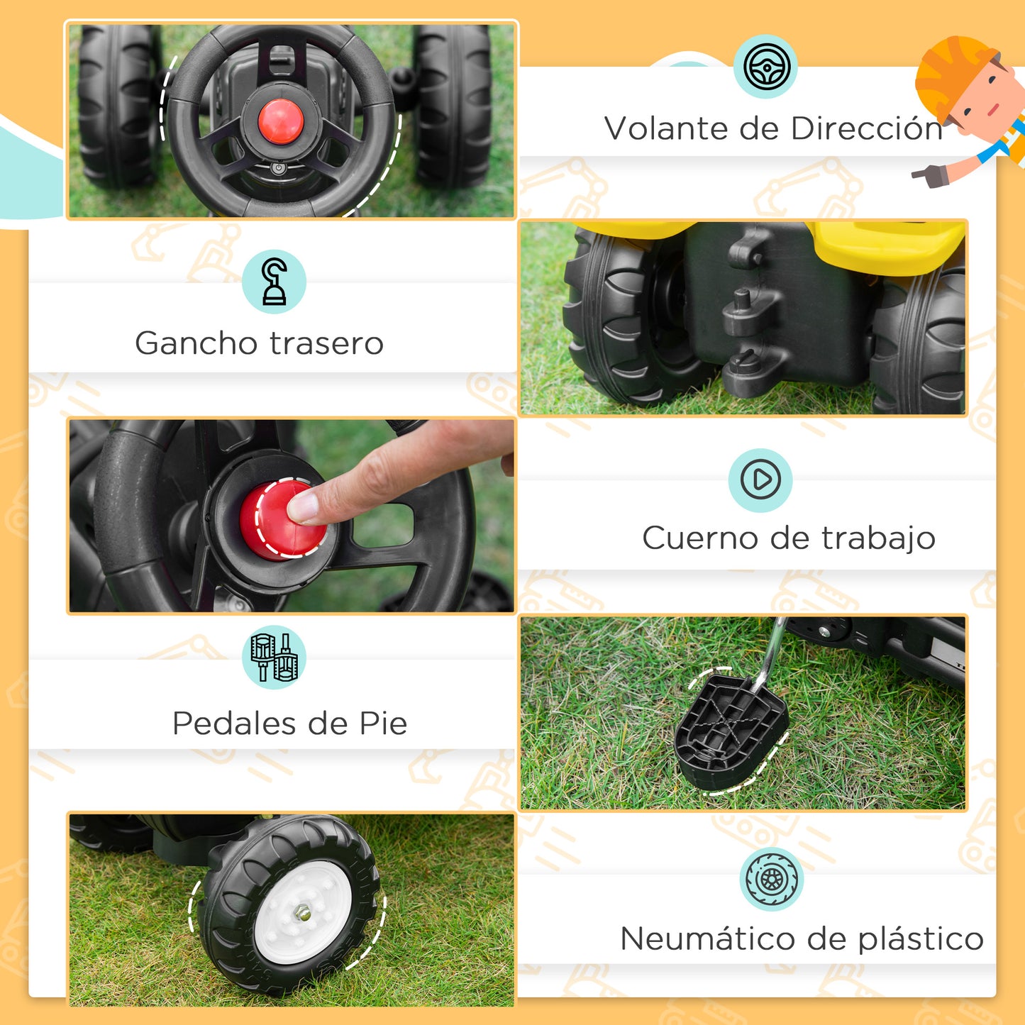 HOMCOM Tractor a Pedales para Niños de +3 Años Excavadora para Niños con Pala Delantera y Bocina Carga 35kg Tractor Infantil para Exterior 107x42x71 cm Amarillo