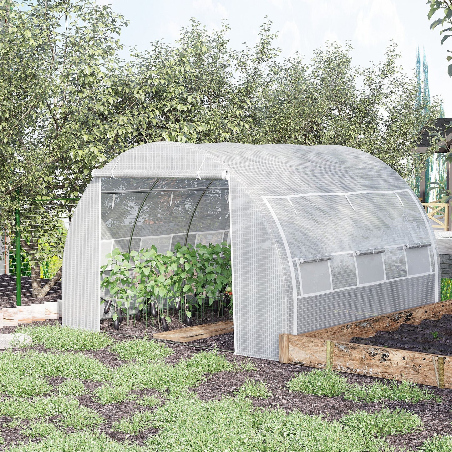 Outsunny Invernadero de Túnel de Jardín 3x3x2 m con Puerta y 6 Ventanas Enrollables de Polietileno 140 g/m² y Acero Galvanizado para Cultivos Plantas Flores Blanco