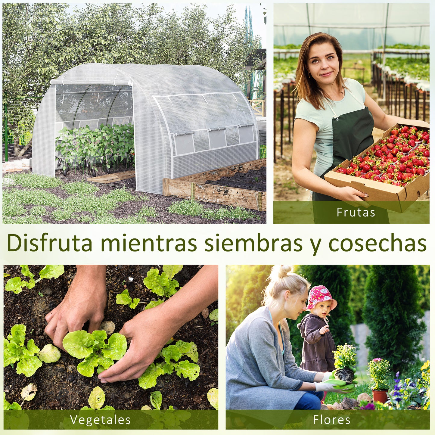 Outsunny Invernadero de Túnel de Jardín 3x3x2 m con Puerta y 6 Ventanas Enrollables de Polietileno 140 g/m² y Acero Galvanizado para Cultivos Plantas Flores Blanco