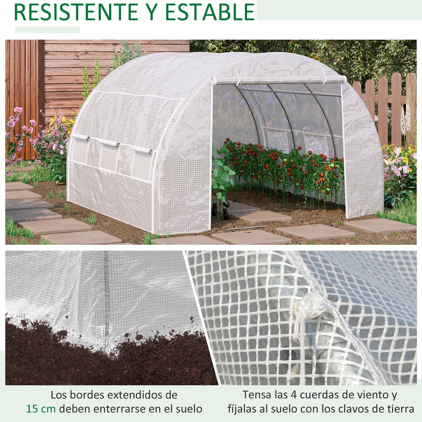 Outsunny Invernadero de Túnel de Jardín 3x3x2 m con Puerta y 6 Ventanas Enrollables de Polietileno 140 g/m² y Acero Galvanizado para Cultivos Plantas Flores Blanco