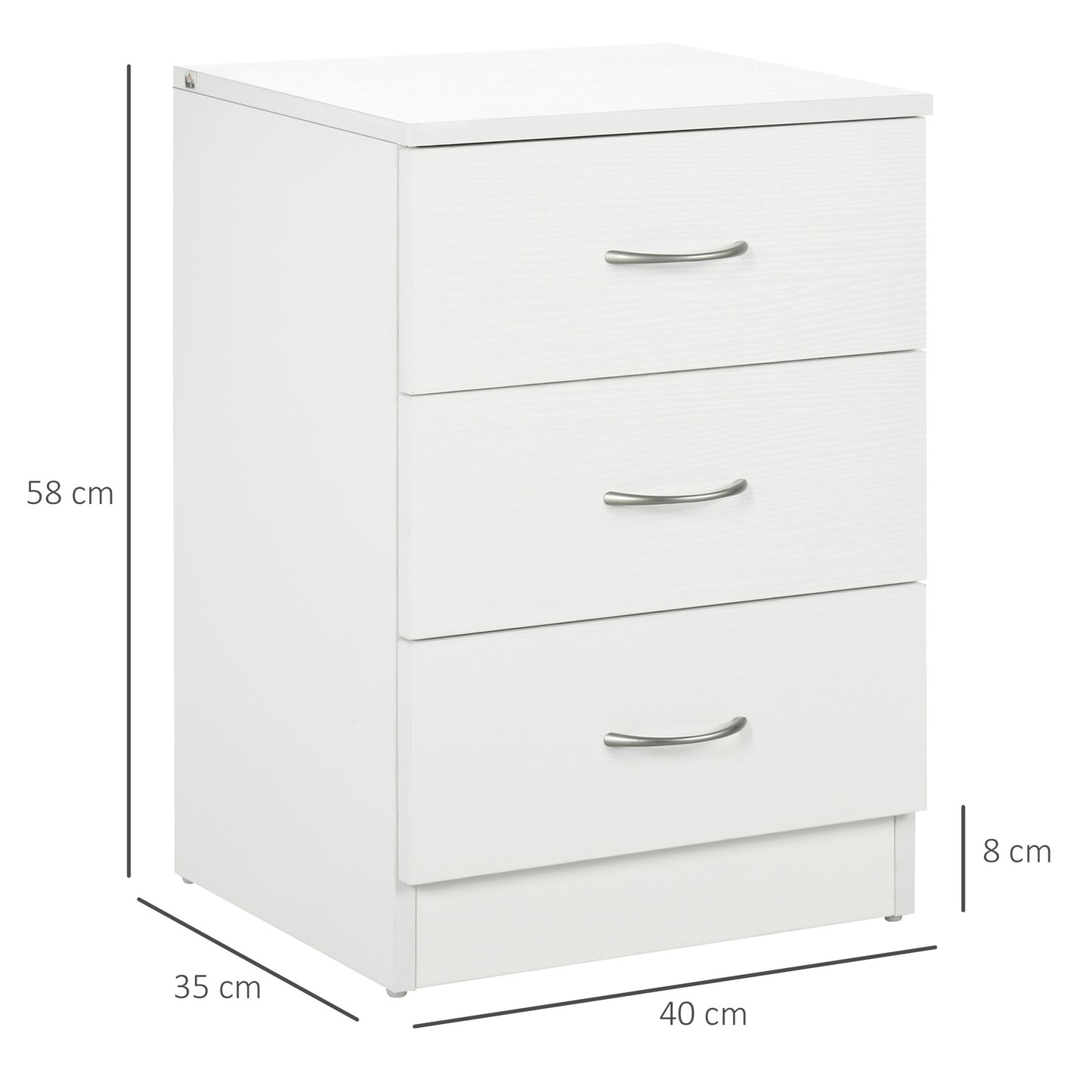 HOMCOM Mesita de Noche Moderna Mesilla de Noche con 3 Cajones y Asas de Aluminio Mesa de Noche para Dormitorio Salón 40x35x58 cm Blanco