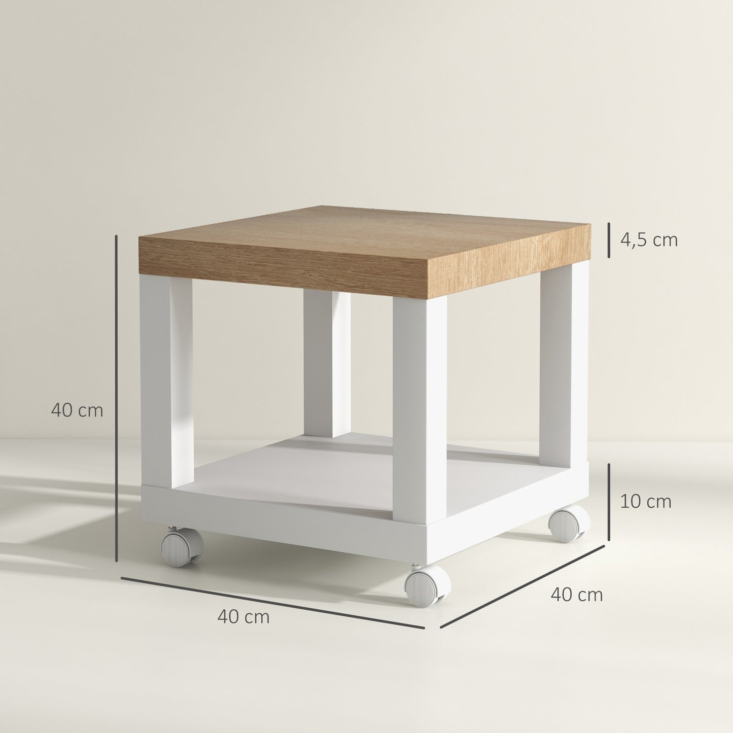 HOMCOM Mesita Auxiliar con Ruedas Mesa Auxiliar con Estante Abierto Mesa para Sofá Sala Dormitorio 40x40x40 cm Natural y Blanco