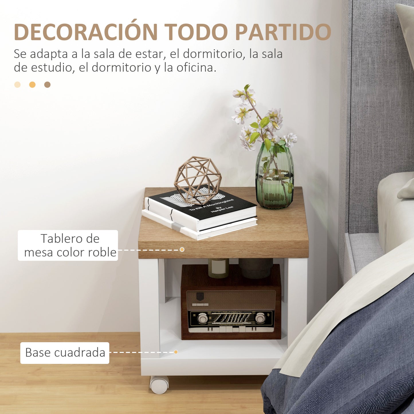 HOMCOM Mesita Auxiliar con Ruedas Mesa Auxiliar con Estante Abierto Mesa para Sofá Sala Dormitorio 40x40x40 cm Natural y Blanco