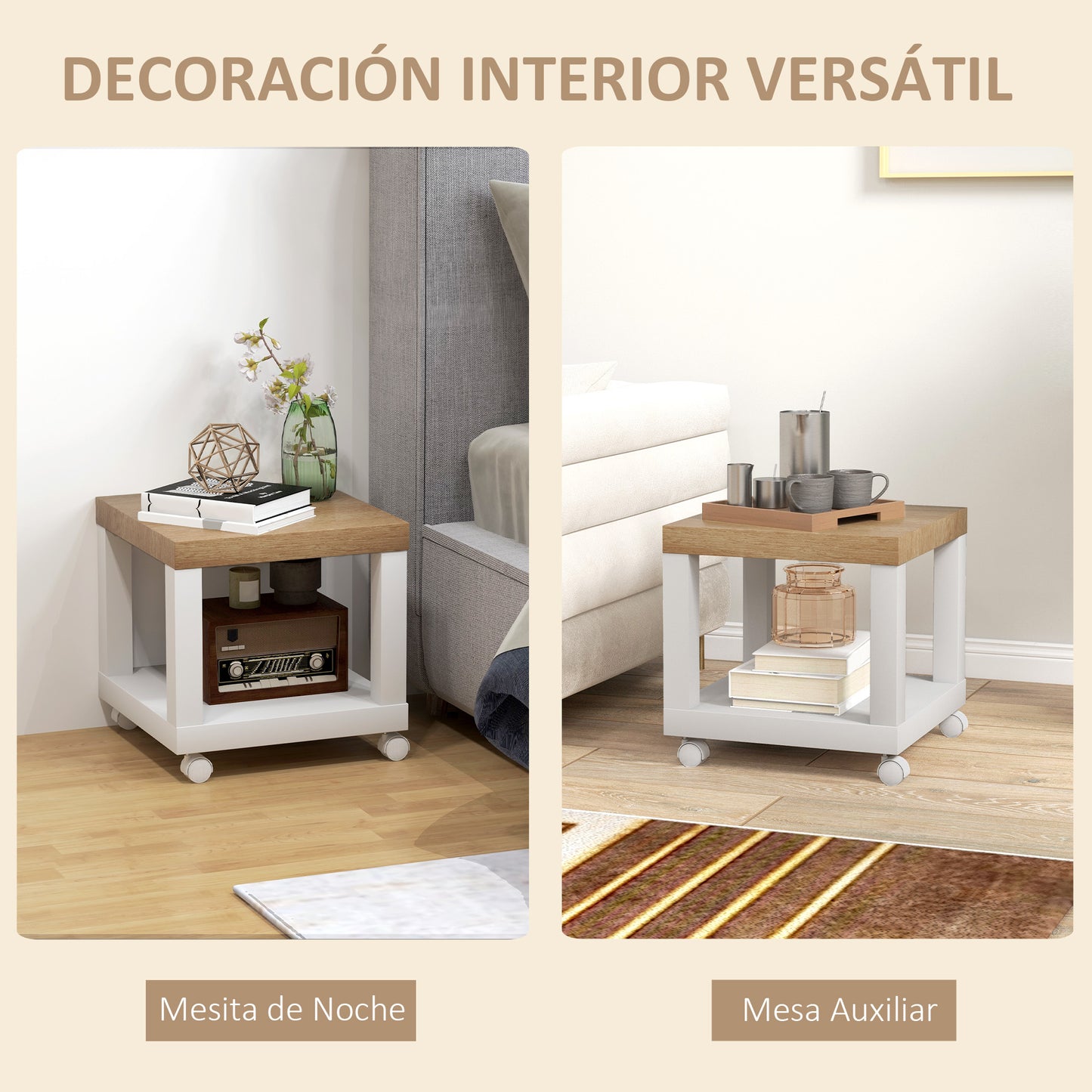 HOMCOM Mesita Auxiliar con Ruedas Mesa Auxiliar con Estante Abierto Mesa para Sofá Sala Dormitorio 40x40x40 cm Natural y Blanco