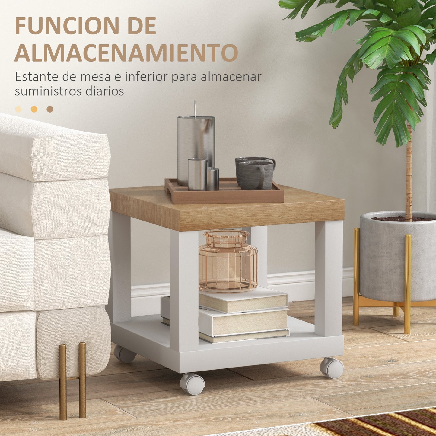 HOMCOM Mesita Auxiliar con Ruedas Mesa Auxiliar con Estante Abierto Mesa para Sofá Sala Dormitorio 40x40x40 cm Natural y Blanco