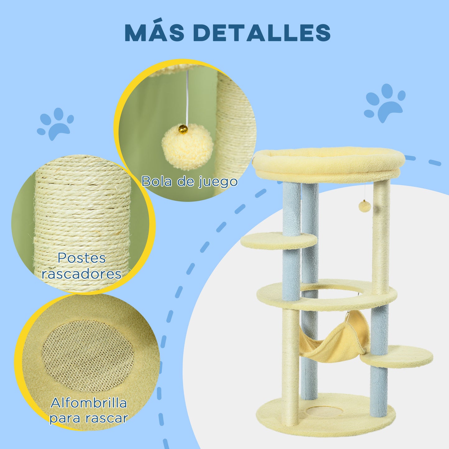 PawHut Árbol Rascador para Gatos Mediano 110 cm Torre para Gatos Centro de Actividades para Gatitos con Hamaca Poste de Sisal y Bola Colgante Ø58x110 cm Amarillo y Azul