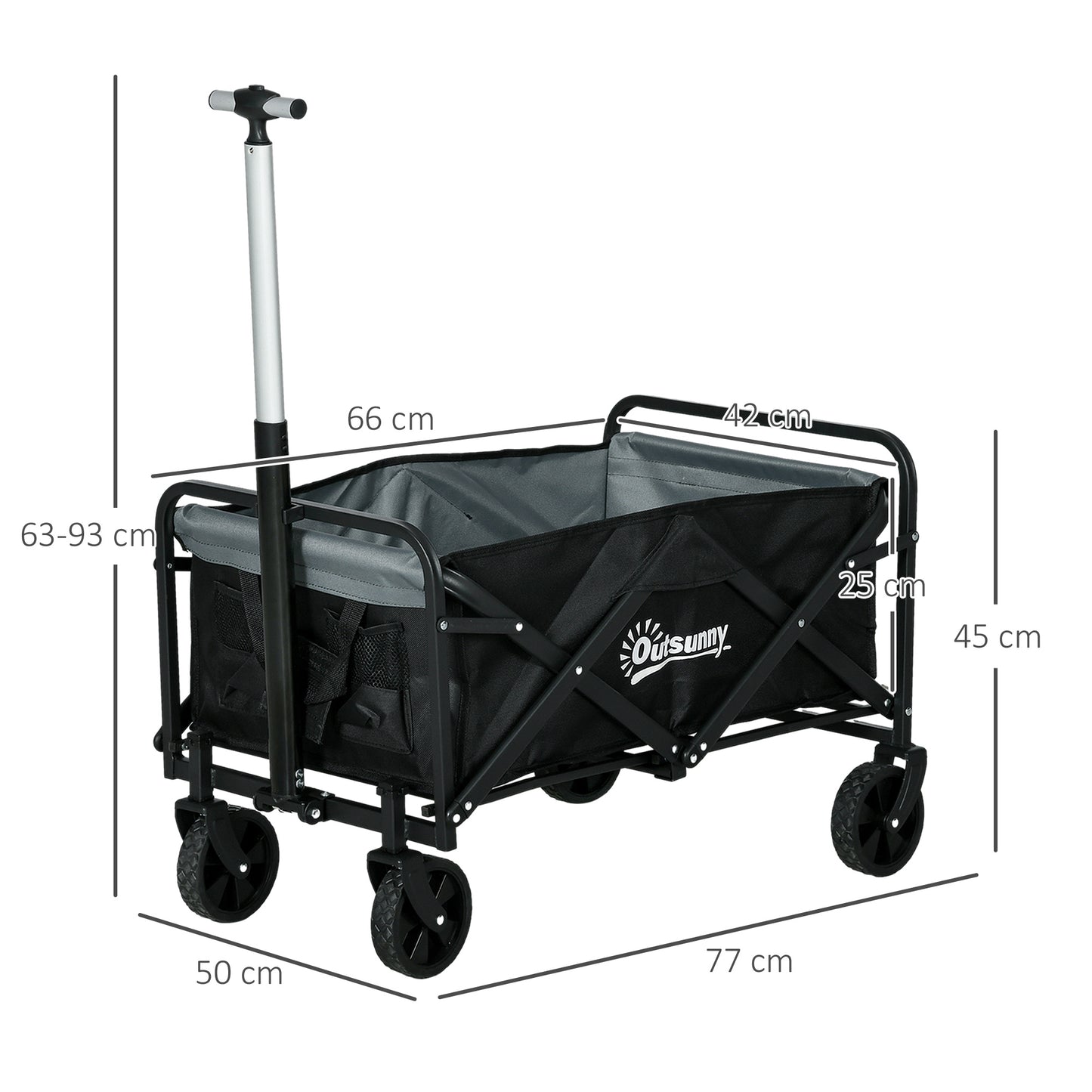 Outsunny Carro de Jardín Carro Plegable con 4 Ruedas Longitud y Ángulo del Mango Ajustables Capacidad 70 L Carga 80 kg para Playa Campaña Negro