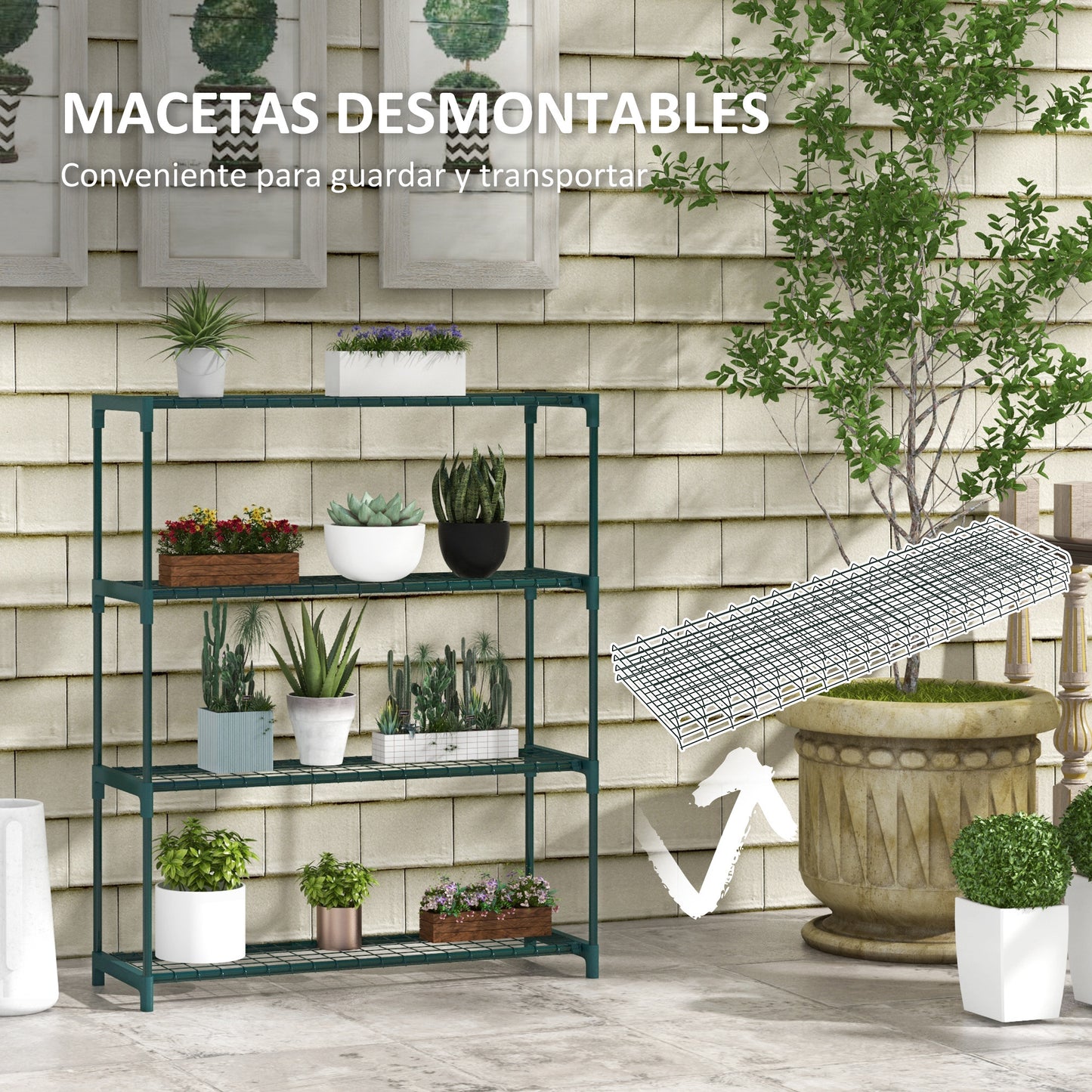 Outsunny Estantería para Plantas Soporte para Macetas de 4 Niveles con Estructura de Acero para Jardín Patio 89x28x107 cm Verde Oscuro