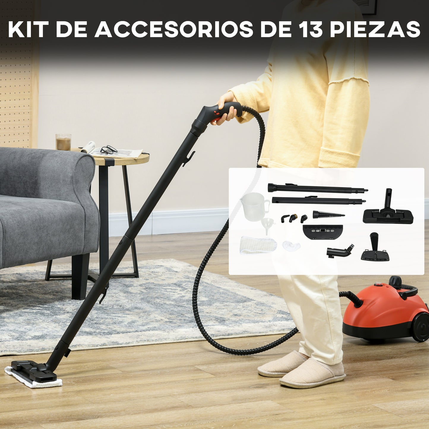 HOMCOM Limpiador a Vapor Portátil Deposito 1,2 L Vaporeta Multiusos Autonomía con Accesorios para Tapicería Sofá Baño Coche 34x25x23,5 cm Rojo