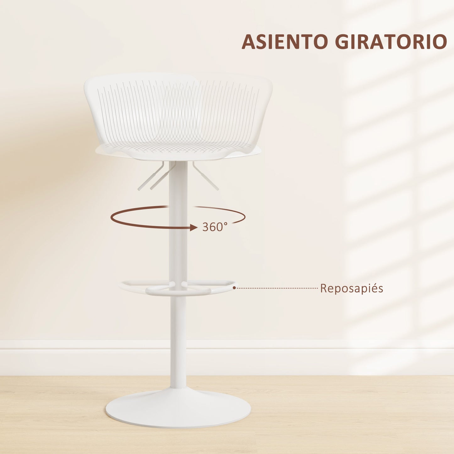 HOMCOM Conjunto de 2 Taburetes Altos de Cocina Sillas Altas de Cocina Giratorias con Respaldo y Altura Ajustable Carga 120 kg para Bar Salón Comedor Blanco