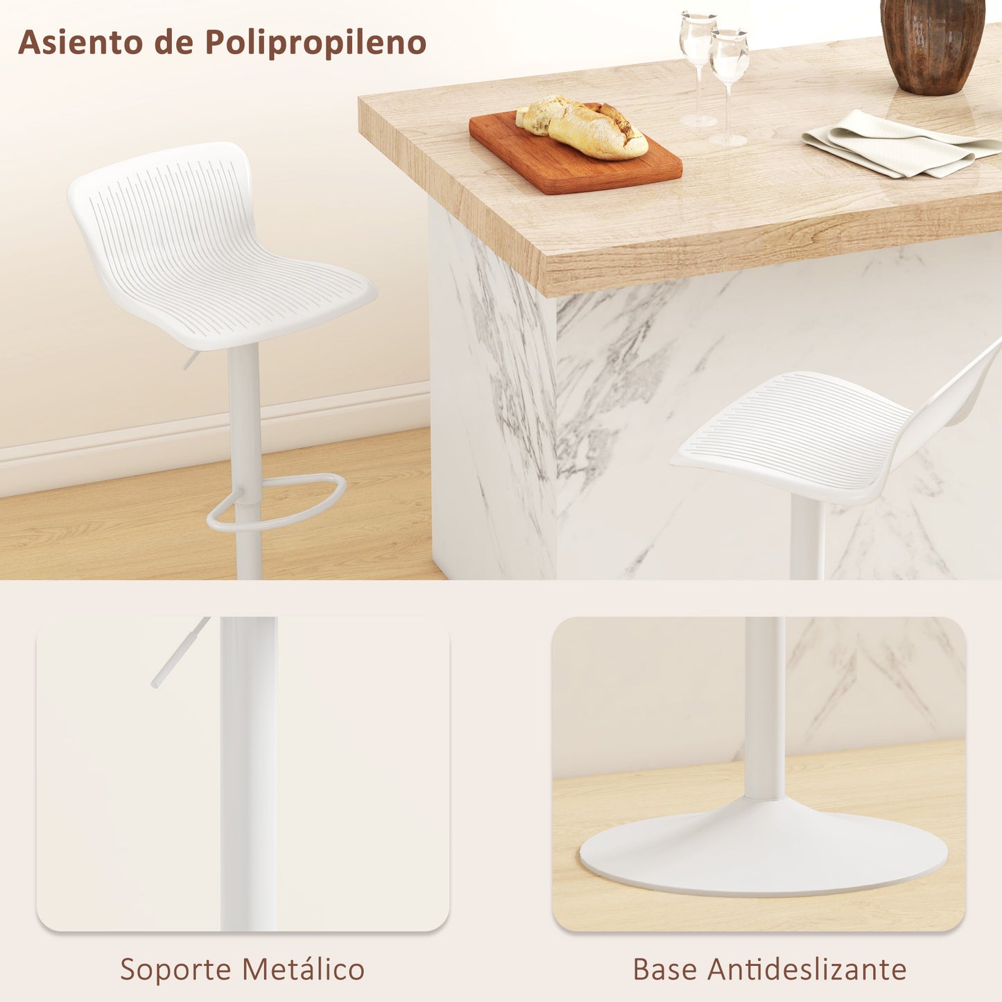 HOMCOM Conjunto de 2 Taburetes Altos de Cocina Sillas Altas de Cocina Giratorias con Respaldo y Altura Ajustable Carga 120 kg para Bar Salón Comedor Blanco